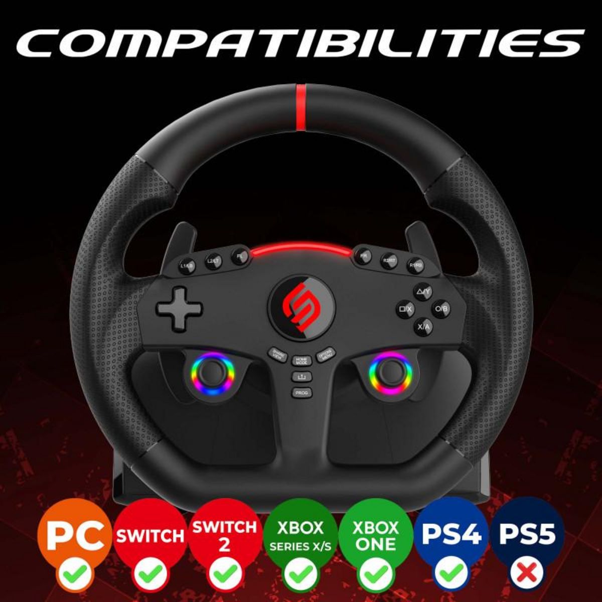 Subsonic Subsonic ? Volant Superdrive 270 GT - Volant de Course LED double sticks, rotation 270 , avec pédales et palettes au volant. Pour Switch 2 / Switch, PS4, PC et Xbox - Noir