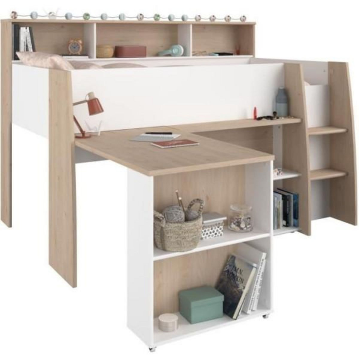 PARISOT PARISOT Lit combiné enfant avec bureau rétractable - Décor blanc et chene - 90x 200 cm - Sommier inclus -THEO