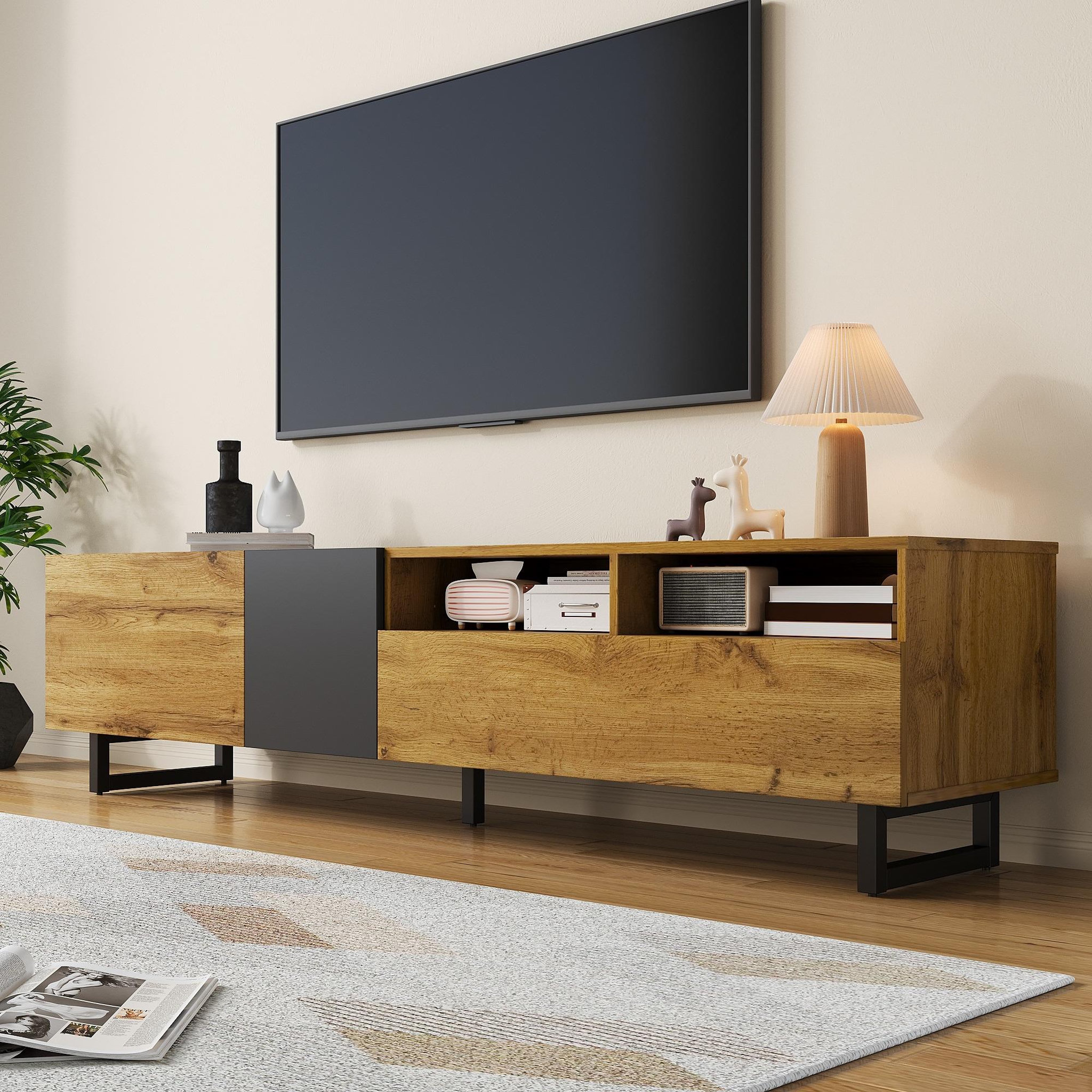 Voir la diapositive 4 : MERAX Meuble tv naturel+noir 170 cm panneau de particules