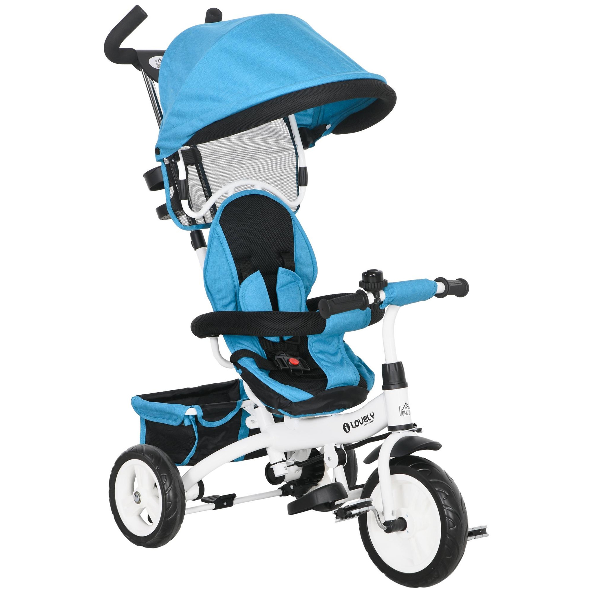 HOMCOM Tricycle enfant évolutif pare-soleil pliable canne télescopique amovible acier bleu