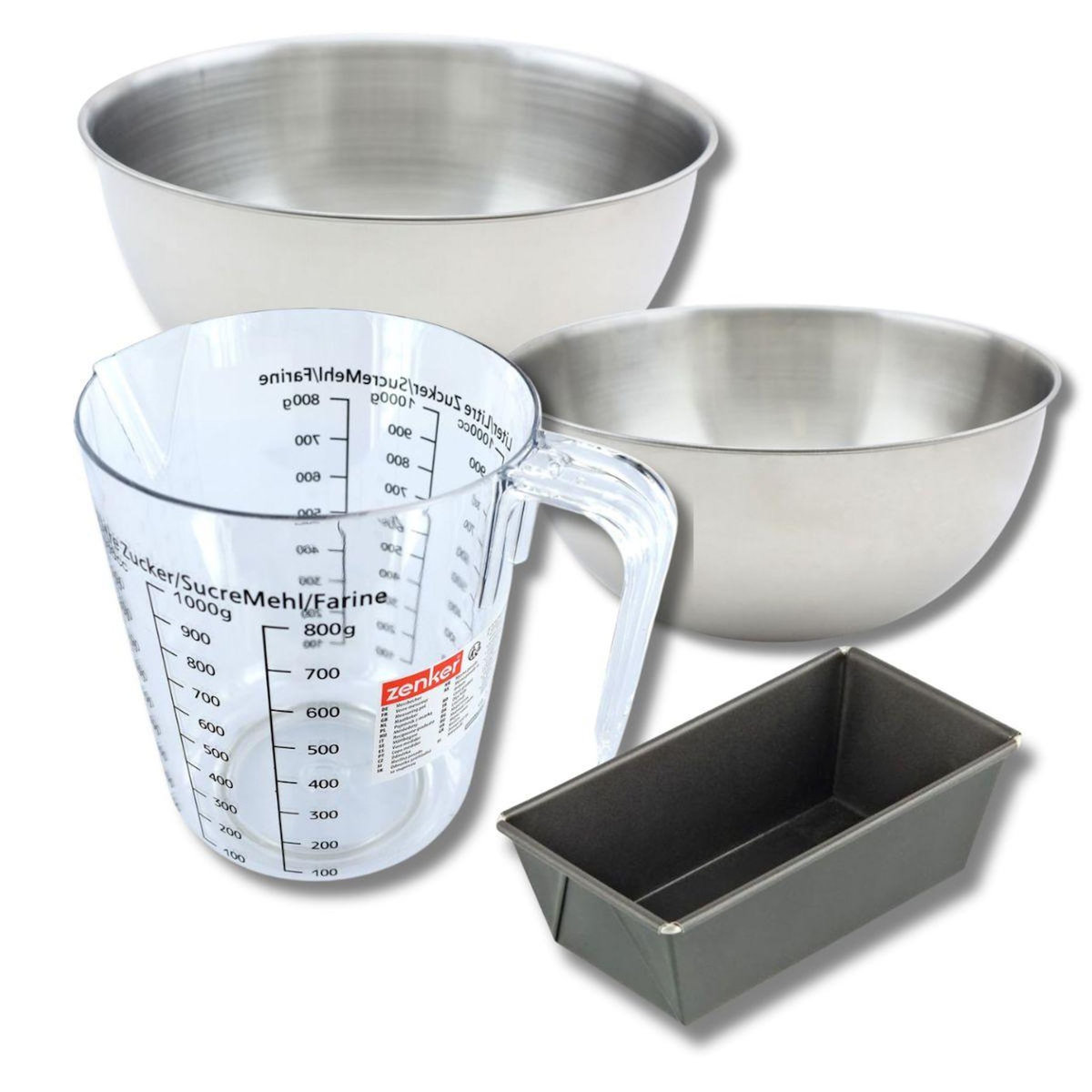 ZENKER Set pâtisserie avec mini moule à cake 20 cm, 2 bols à mixer, verre mesureur et spatule Zenker