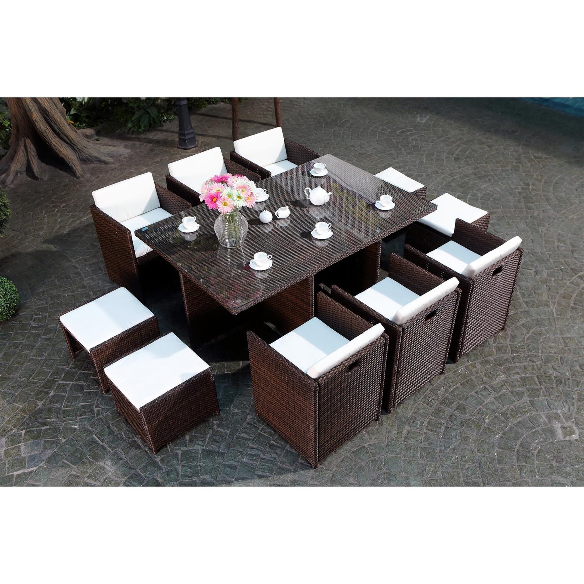 Voir la diapositive 5 : CONCEPT USINE Salon de jardin 10 places marron-blanc + housse de protection miami