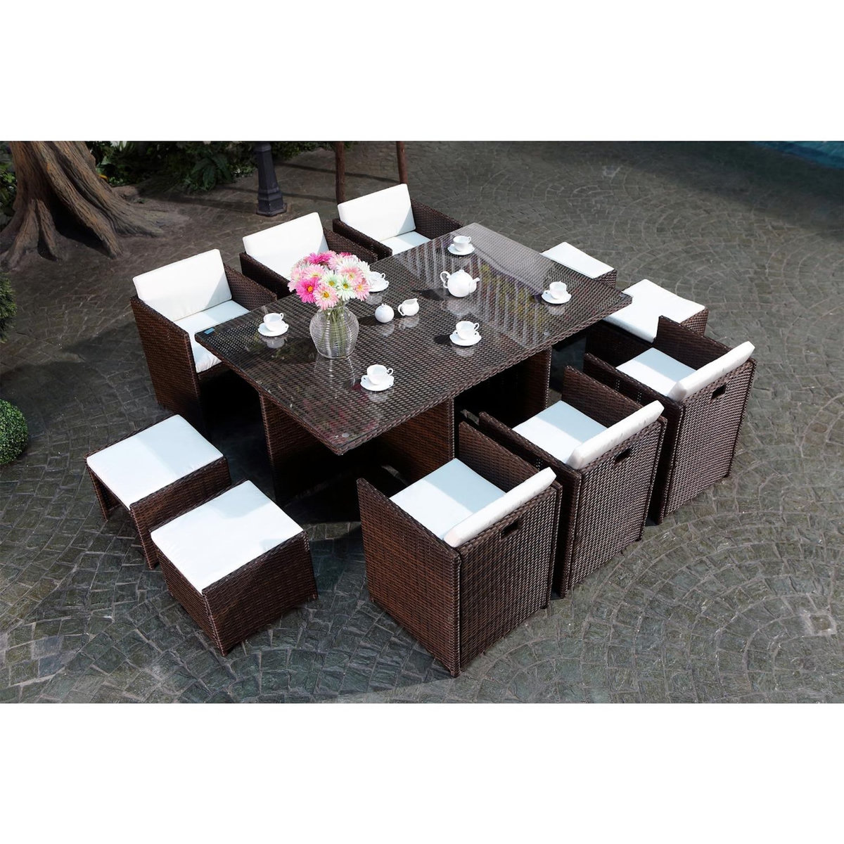 CONCEPT USINE MIAMI - Salon de jardin 10 places marron-blanc + housse de protection MIAMI