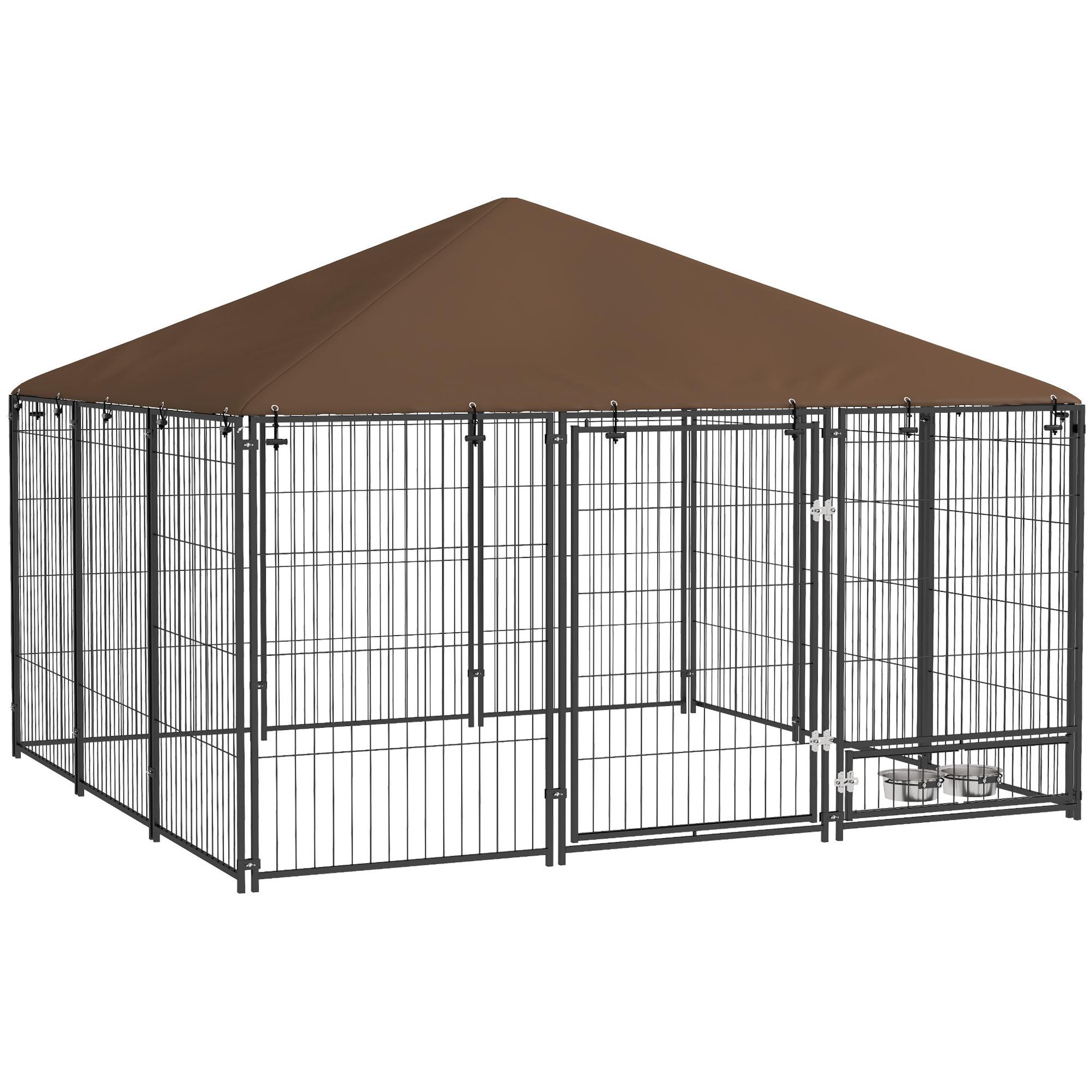 PAWHUT Chenil extérieur couvert pour chien 2 supports gamelles rotatifs porte verouillable acier noir