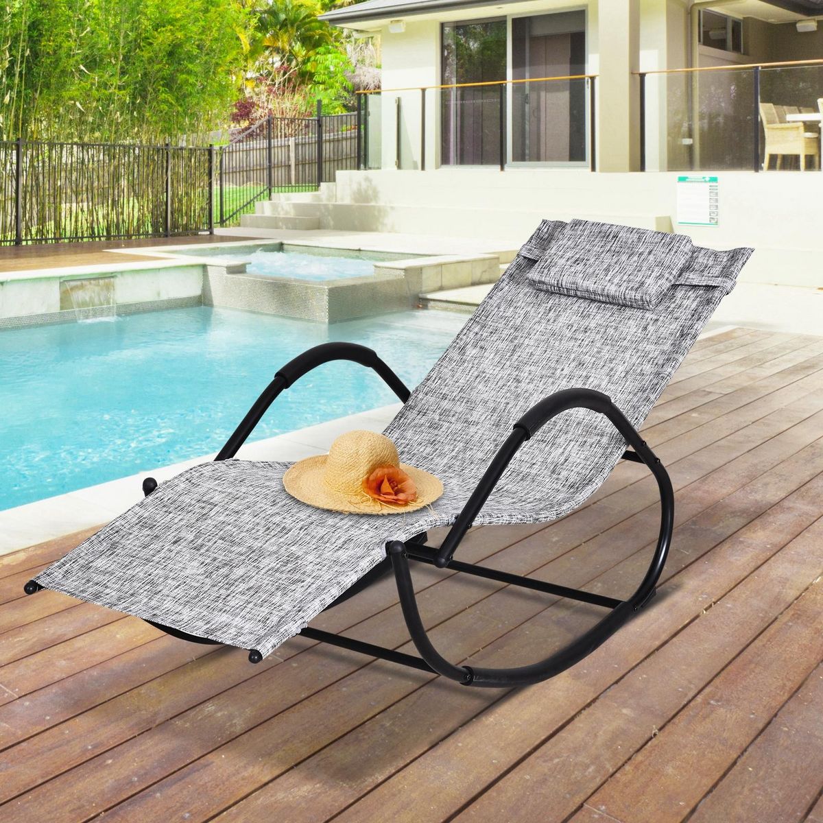 OUTSUNNY Chaise longue à bascule rocking chair design contemporain dim. 160L x 61l x 79H cm métal textilène gris chiné