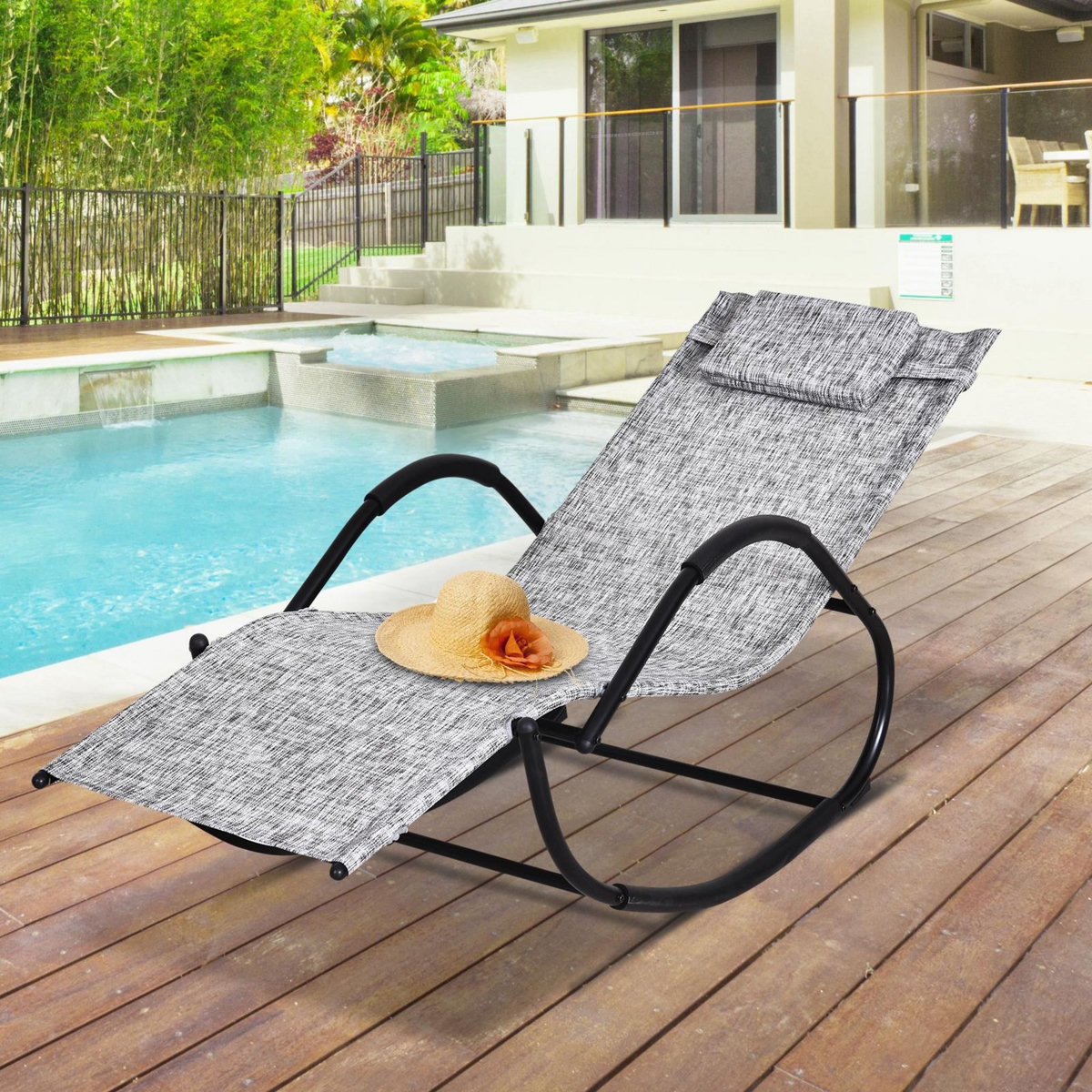 OUTSUNNY Chaise longue à bascule rocking chair design contemporain dim. 160L x 61l x 79H cm métal textilène gris chiné