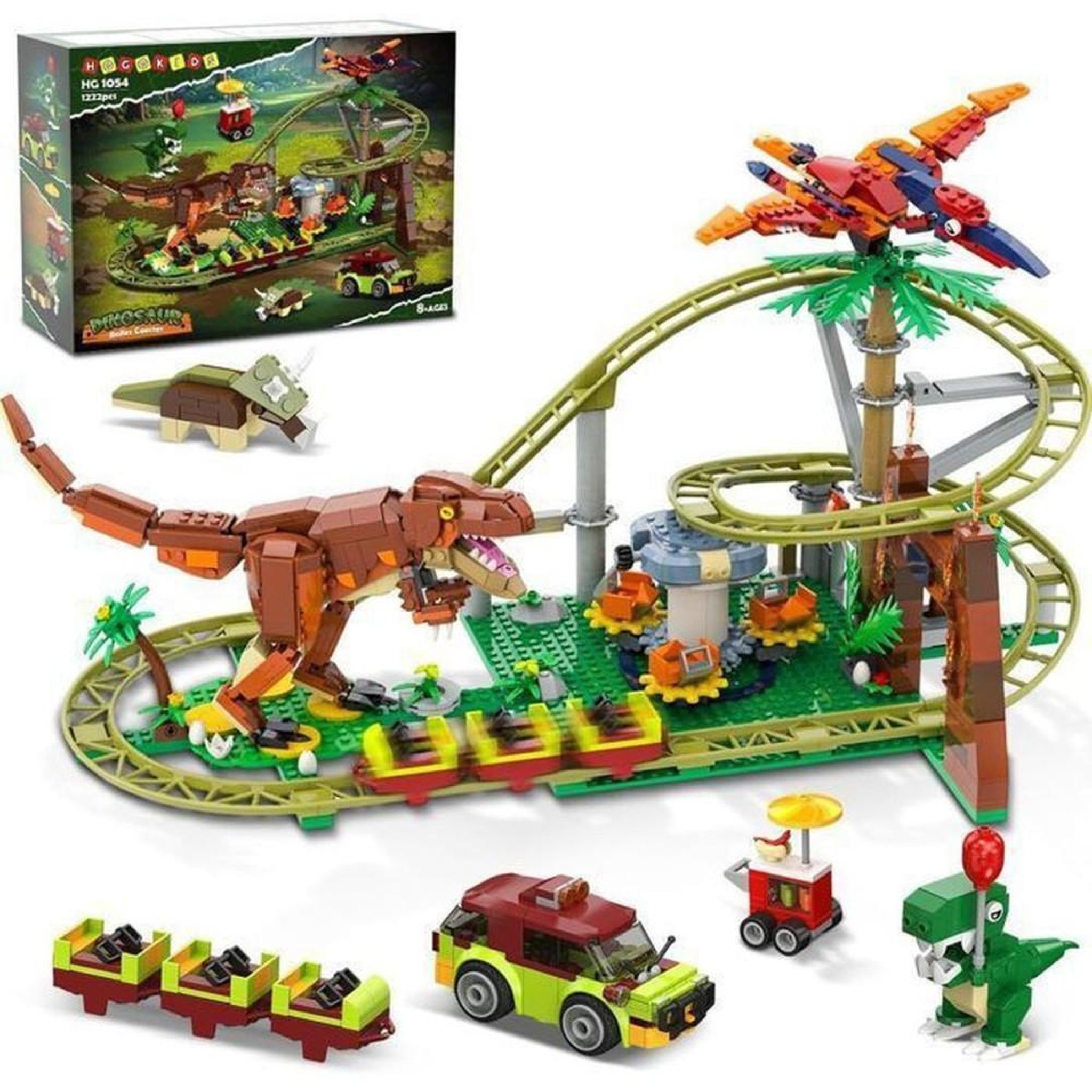 Kit de construction roller coaster dinosaures 1222 pièces, piste verte, 4 figurines et véhicules jungle