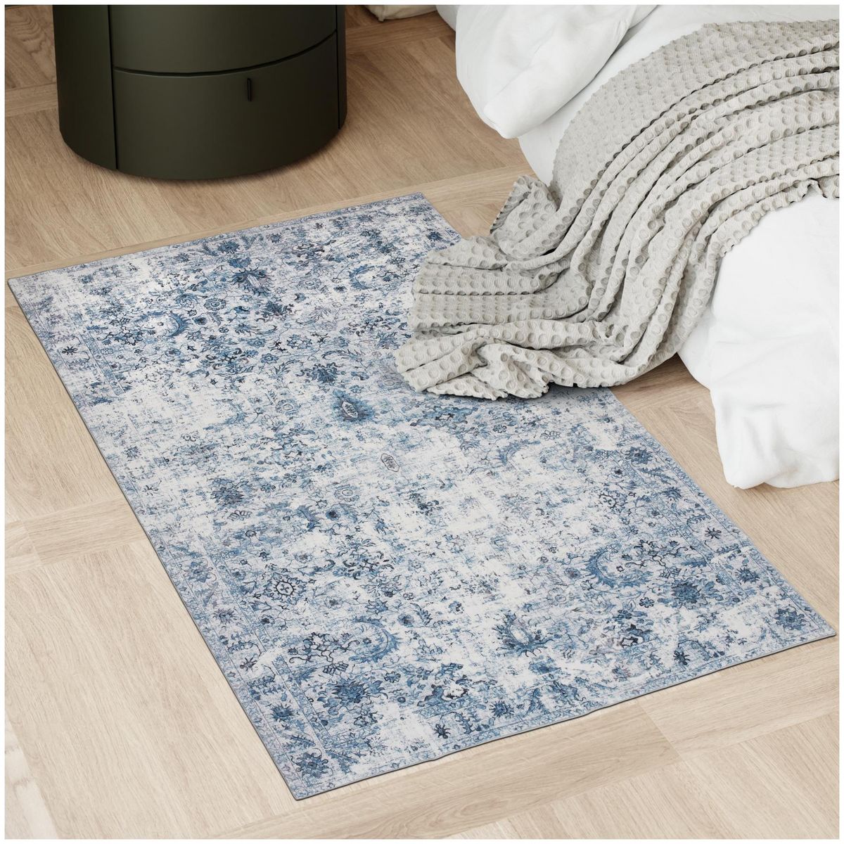 tectake Tapis vintage design à poils courts en laine synthétique et feutre bleu 80 x 150 cm