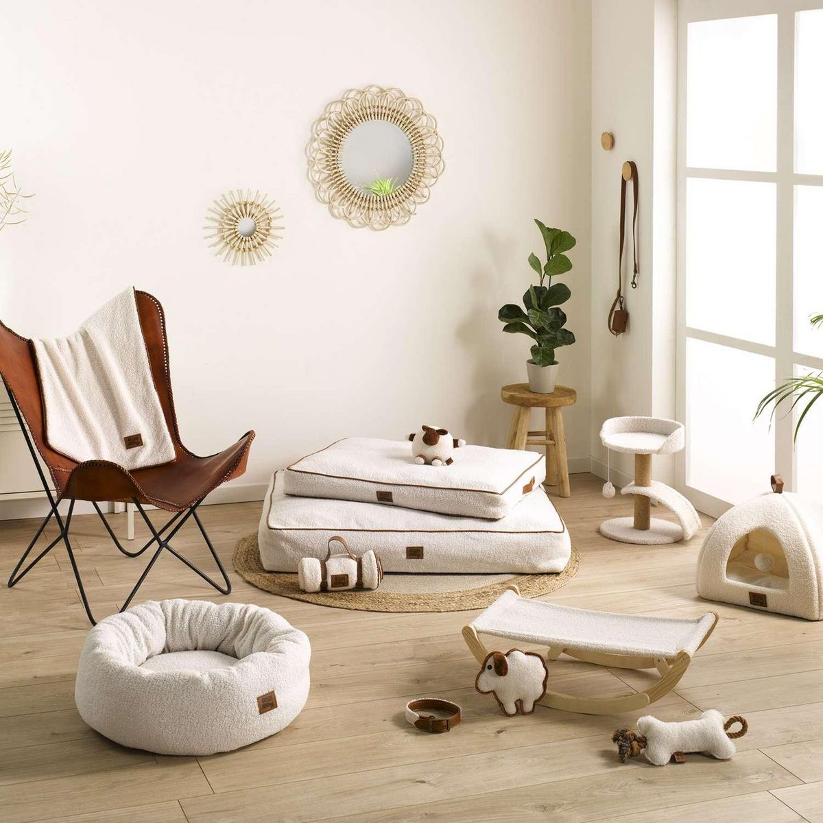 LOVE STORY Panier Pattenrond en laine bouclée pour chat et chien - Ecru