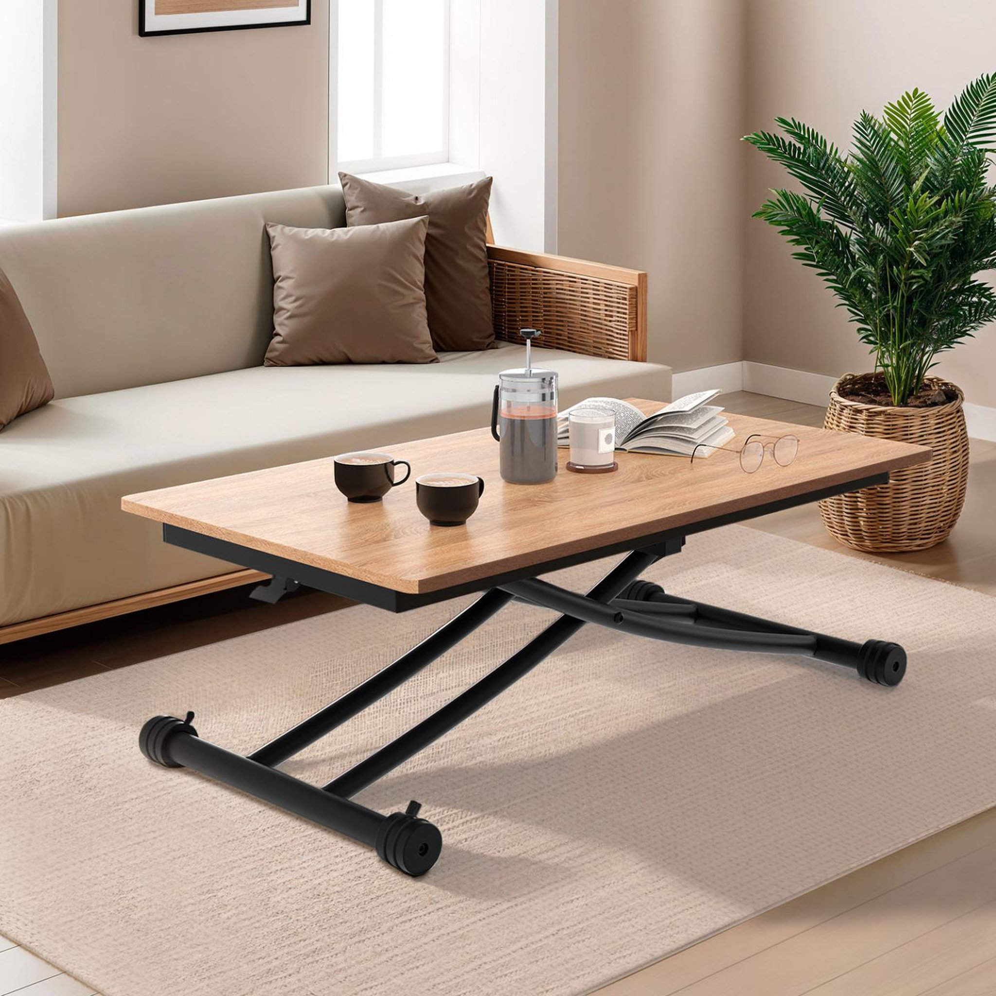 Voir la diapositive 2 : ID MARKET Table basse fixe relevable en table à manger rectangulaire urbana 100 cm bois et noir design industriel