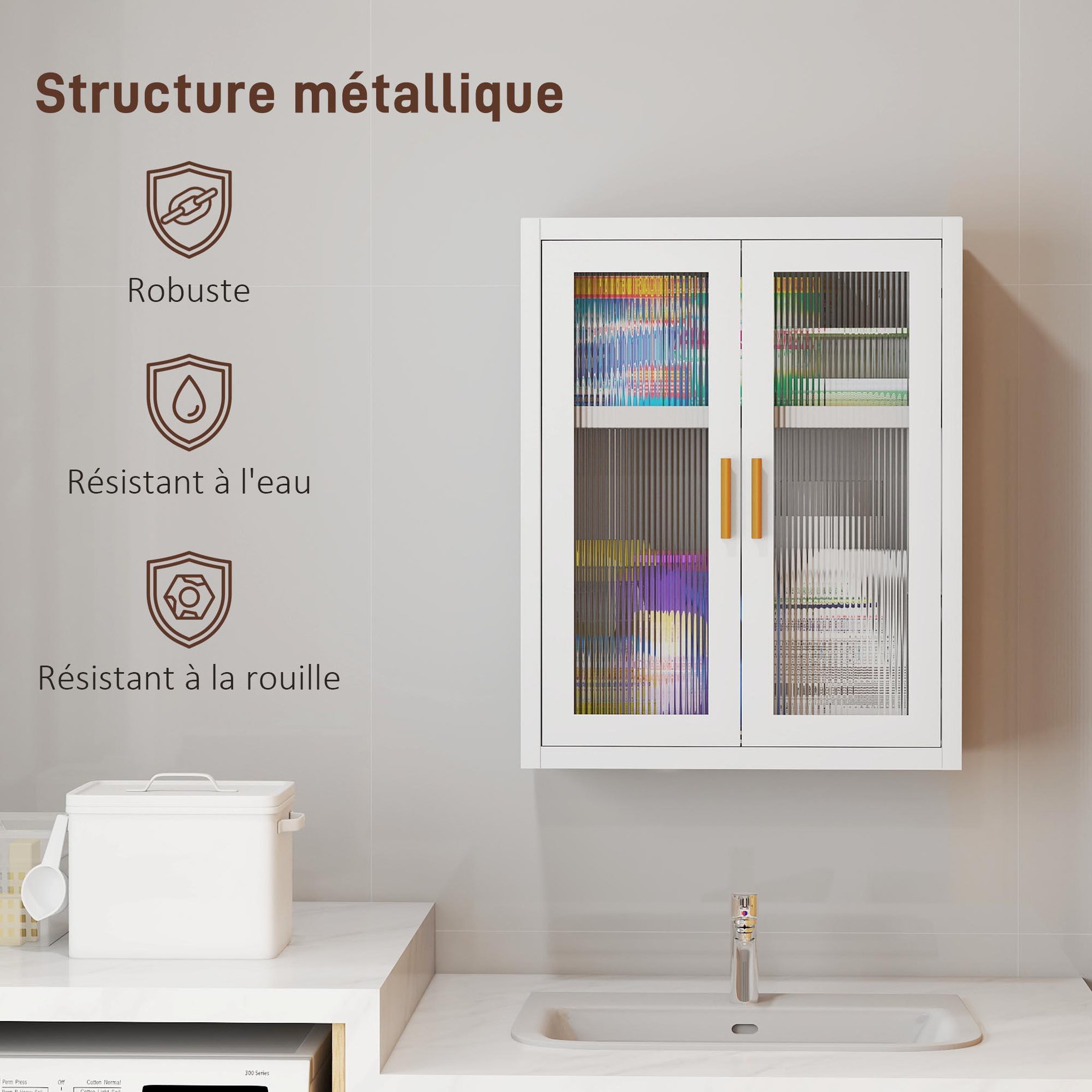 Voir la diapositive 4 : HOMCOM Armoire murale métal salle de bain étagère 2 portes acrylique cannelé 40 x 14 x 50 cm blanc doré