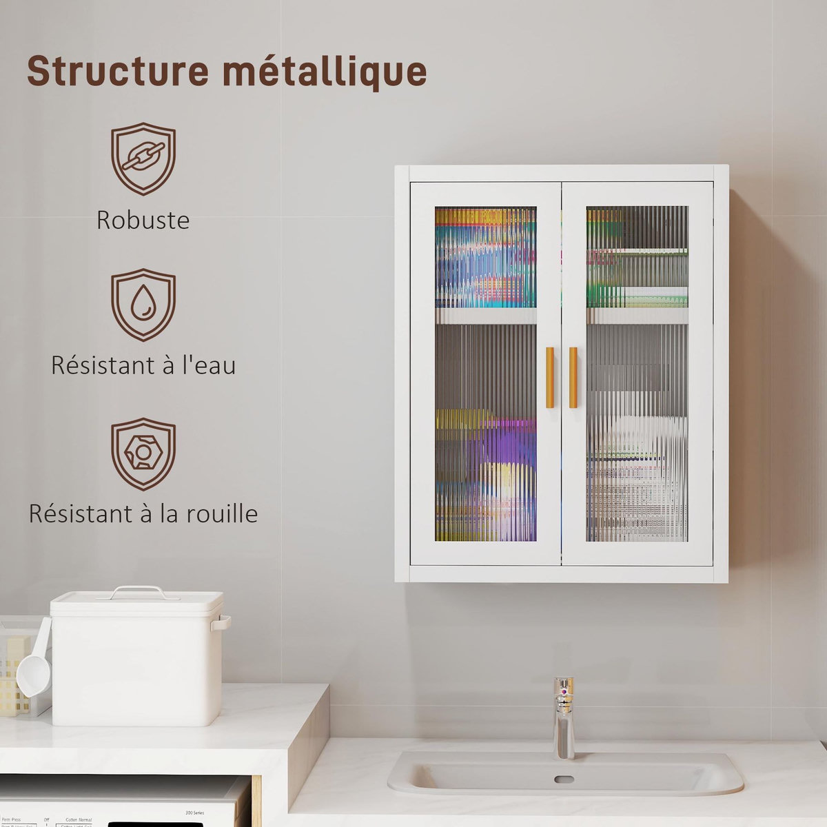 HOMCOM Armoire murale métal salle de bain étagère 2 portes acrylique cannelé 40 x 14 x 50 cm blanc doré
