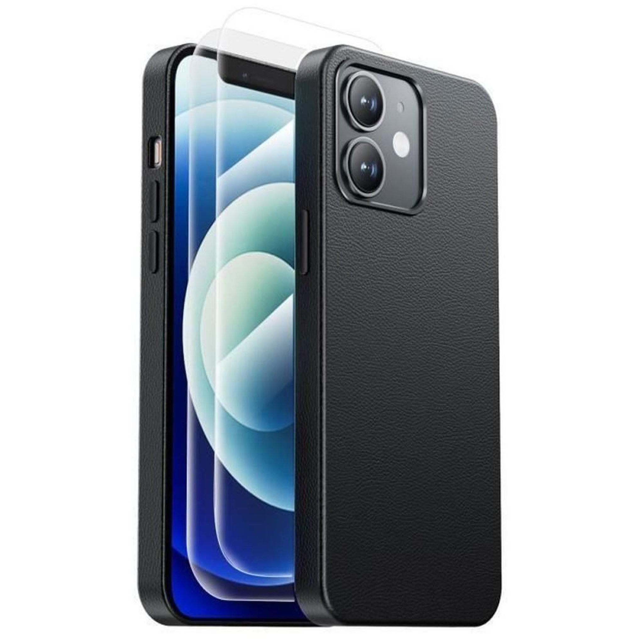 Coque de téléphone iPhone 12 cuir TPU noire compatible MagSafe protection anti-rayures avec cadre caméra
