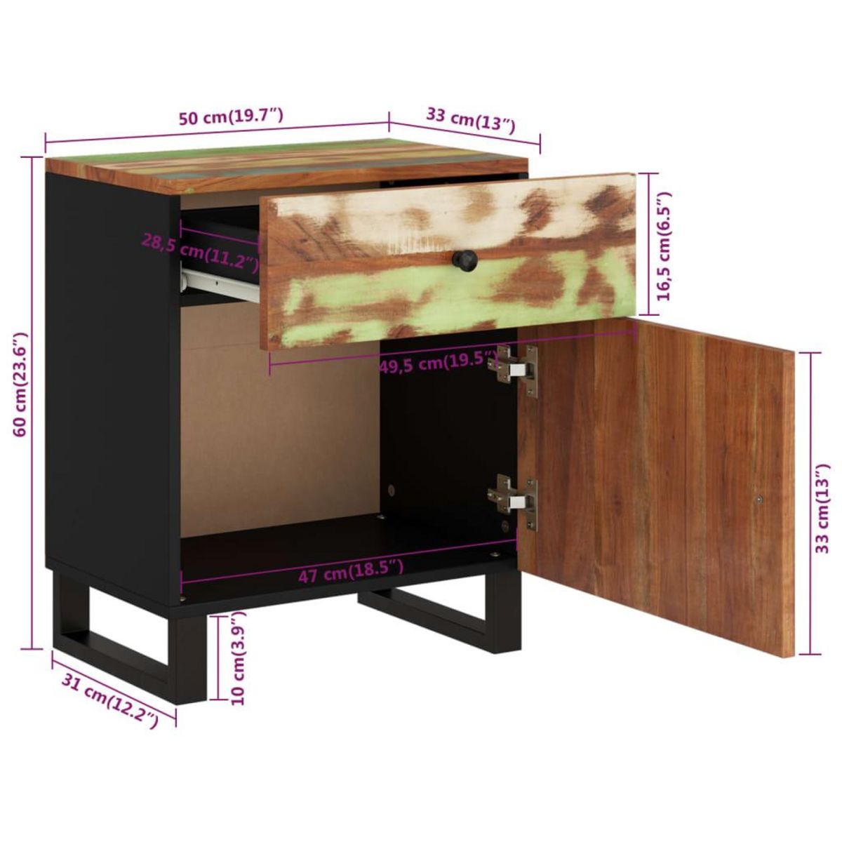 VIDAXL Table de chevet 50x33x60cm Bois de recuperation et d'ingenierie