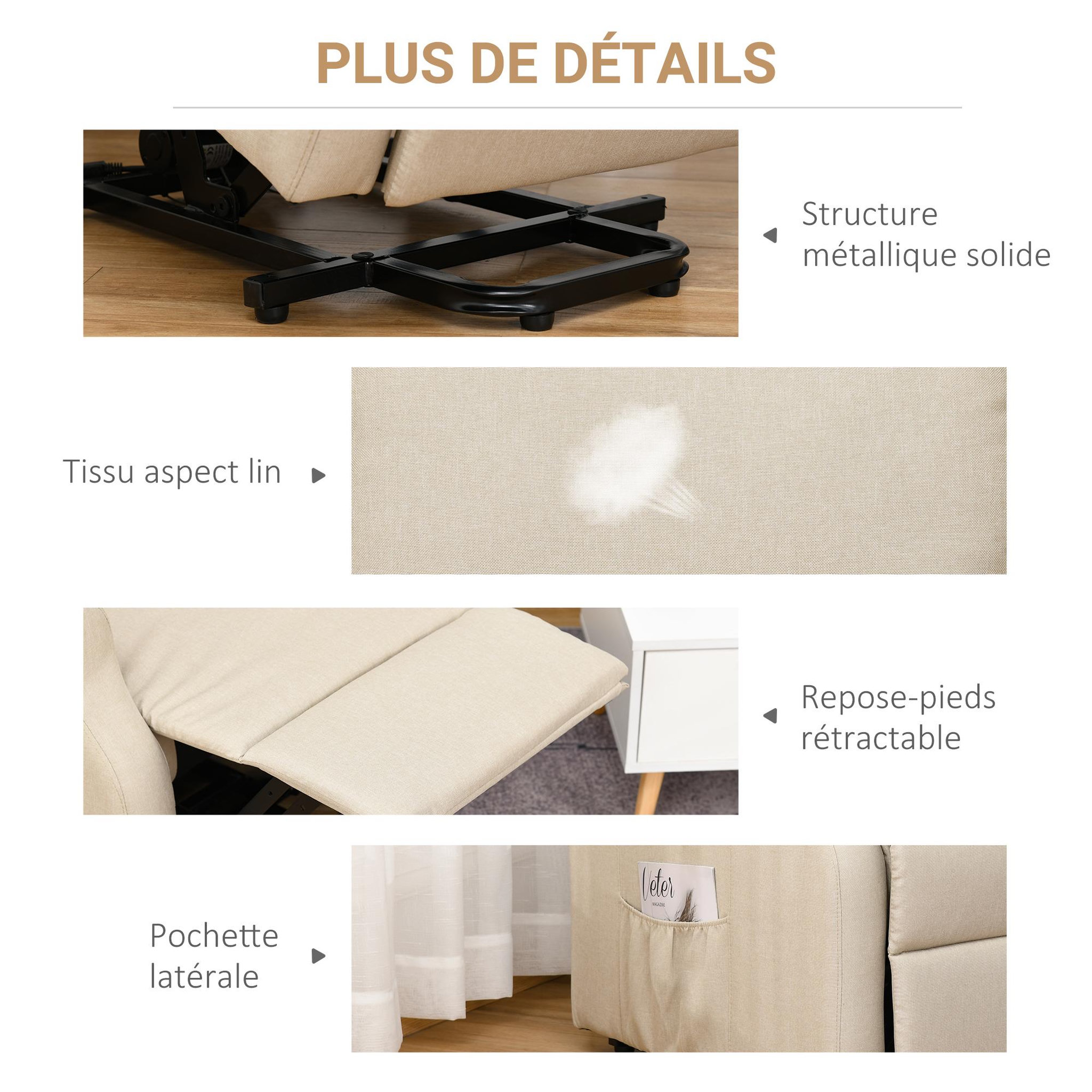 Voir la diapositive 6 : HOMCOM Fauteuil de relaxation électrique fauteuil releveur inclinable avec repose-pied ajustable lin beige