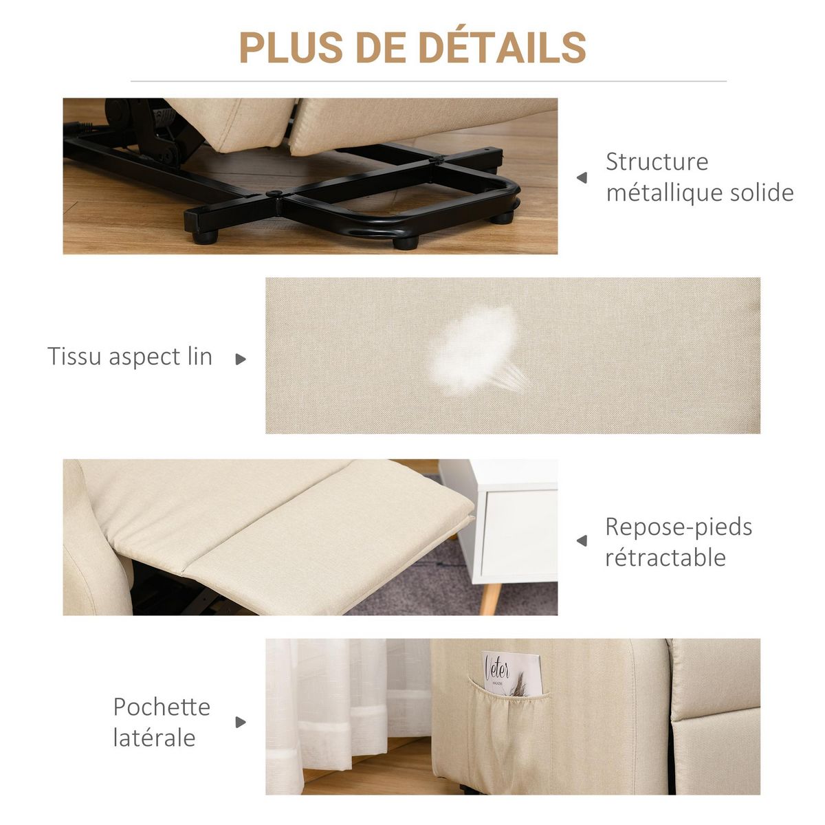 HOMCOM Fauteuil de relaxation électrique fauteuil releveur inclinable avec repose-pied ajustable lin beige