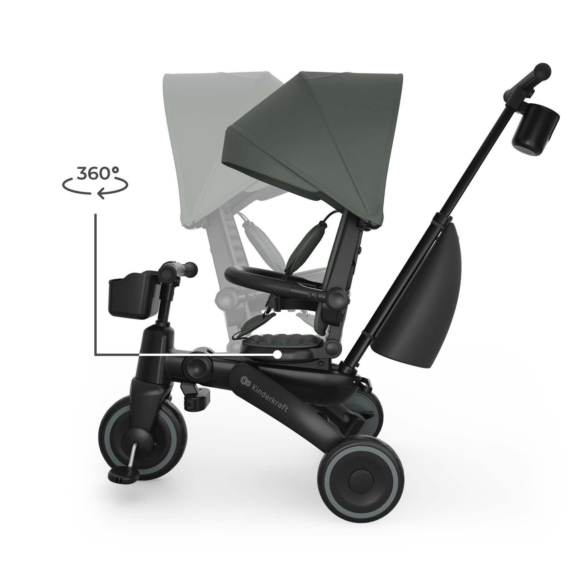 Voir la diapositive 3 : KINDERKRAFT Tricycle Kinderkraft JAZZ 3 pliant 6-en-1, siège pivotant, position semi-allongée, mode draisienne, capote UPF50+, Vert