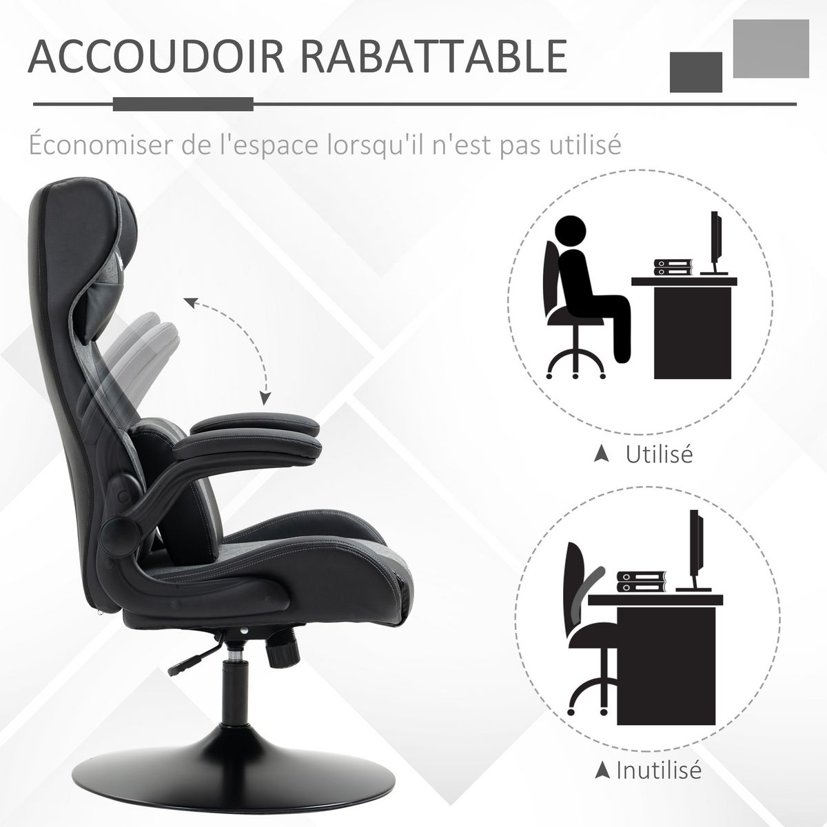 VINSETTO Fauteuil gaming base ronde métal pivotante 360° hauteur réglable tétière coussin lombaires accoudoirs relevables PU tissu gris noir