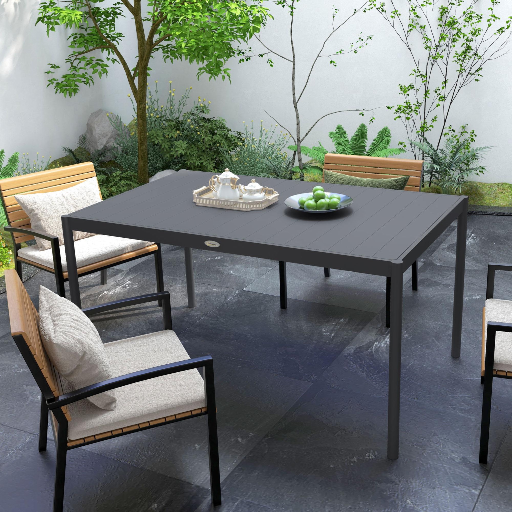 Voir la diapositive 4 : OUTSUNNY Table de jardin rectangulaire 6 personnes plateau lattes aspect bois alu gris