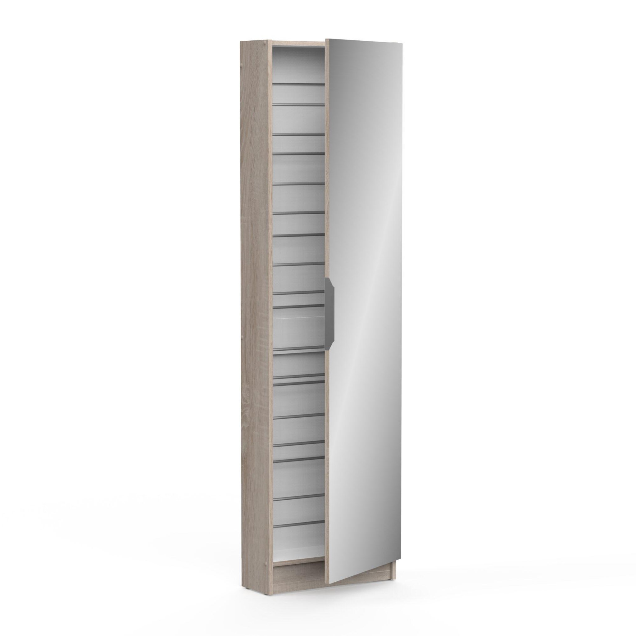 Demeyere Armoire a chaussures ZAPATERO - 12 Paires - Décor Chene et Noir - 1 porte avec miroir - L50 x P18 x H200 cm - CBA MEUBLES