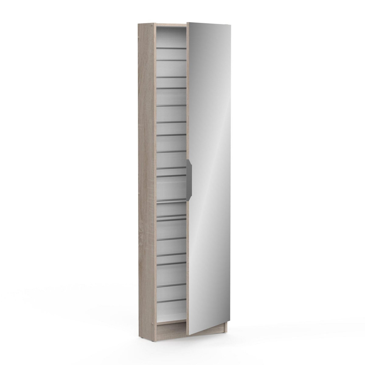 Demeyere Armoire a chaussures ZAPATERO - 12 Paires - Décor Chene et Noir - 1 porte avec miroir - L50 x P18 x H200 cm - CBA MEUBLES