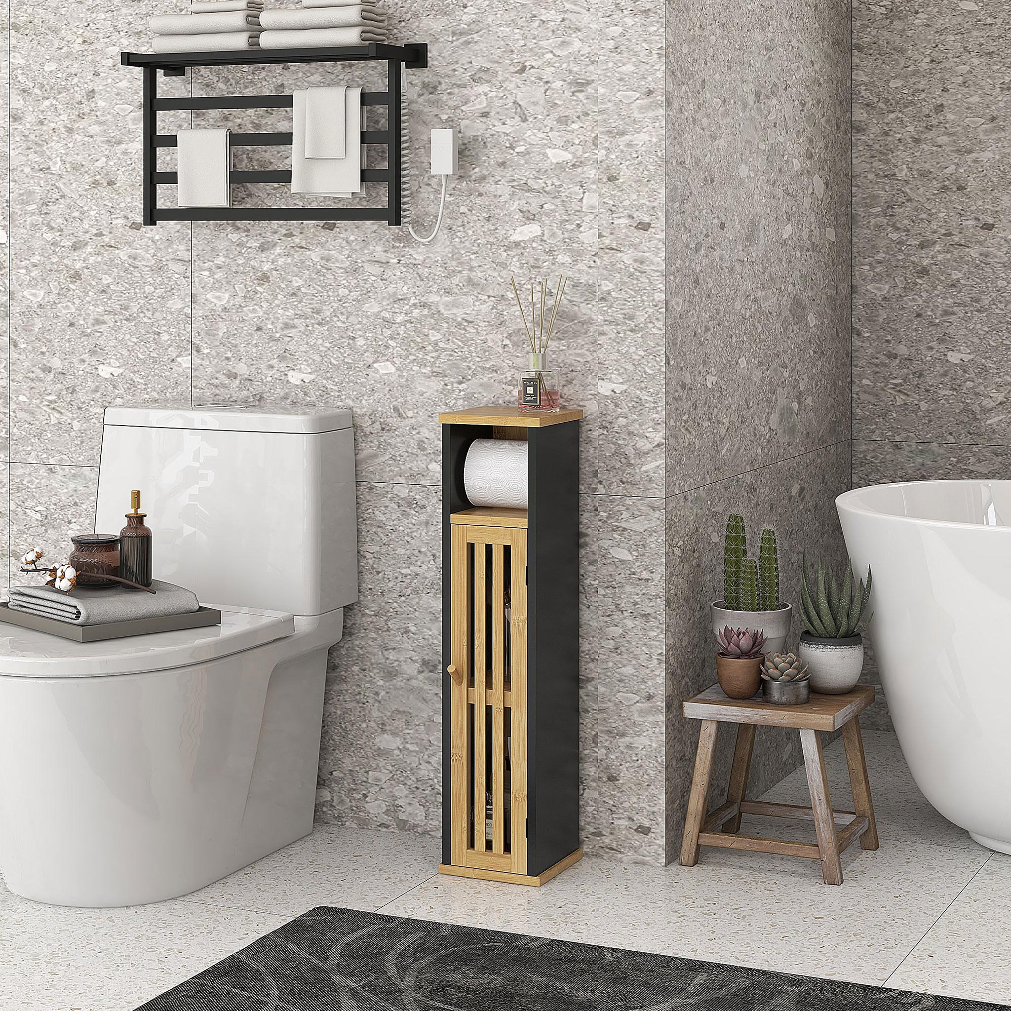 Voir la diapositive 2 : HOMCOM Meuble wc avec support papier toilette - porte, étagère - mdf noir bambou verni