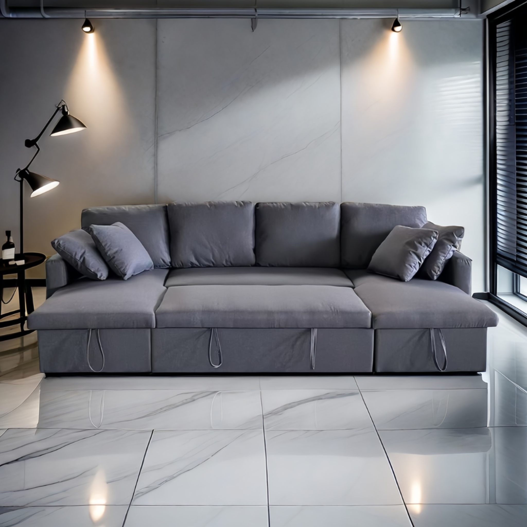 Voir la diapositive 2 : CONCEPT USINE Canapé panoramique convertible avec coffre 4 places en tissu - gris foncé MAHÉ
