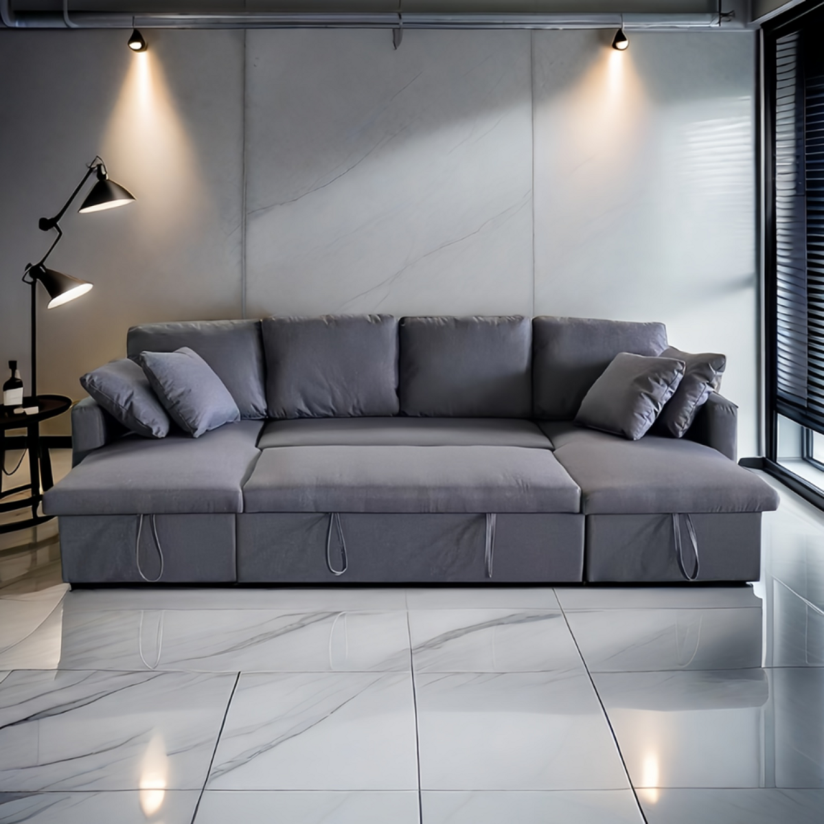 CONCEPT USINE Canapé panoramique convertible avec coffre 4 places en tissu - gris foncé MAHÉ