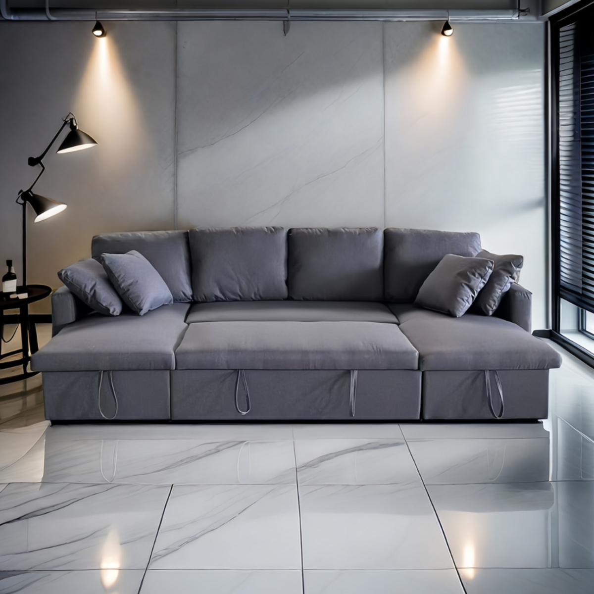 CONCEPT USINE Canapé panoramique convertible avec coffre 4 places en tissu - gris foncé MAHÉ