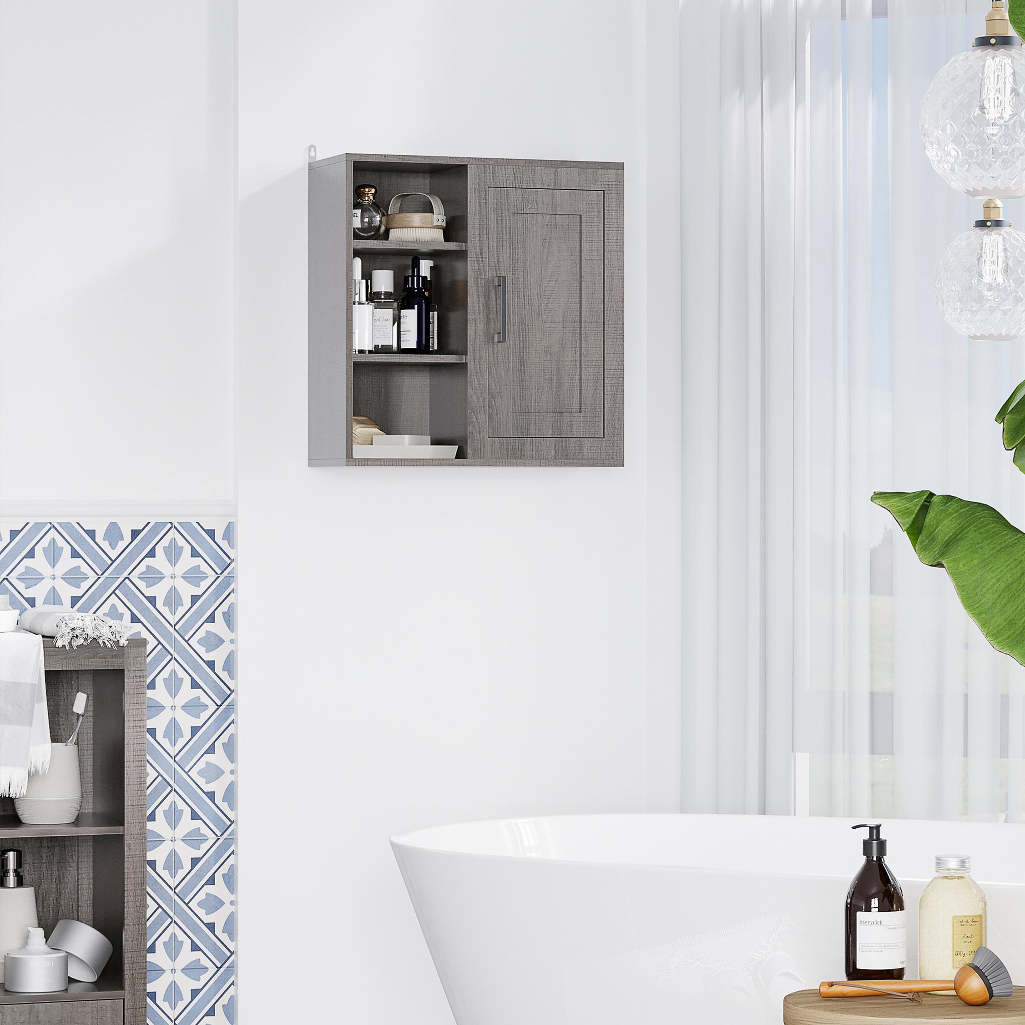 Voir la diapositive 4 : KLEANKIN Armoire haute murale de salle de bain ou wc placard 1 porte 3 niches dim. 48l x 20l x 50h cm panneaux particules gris