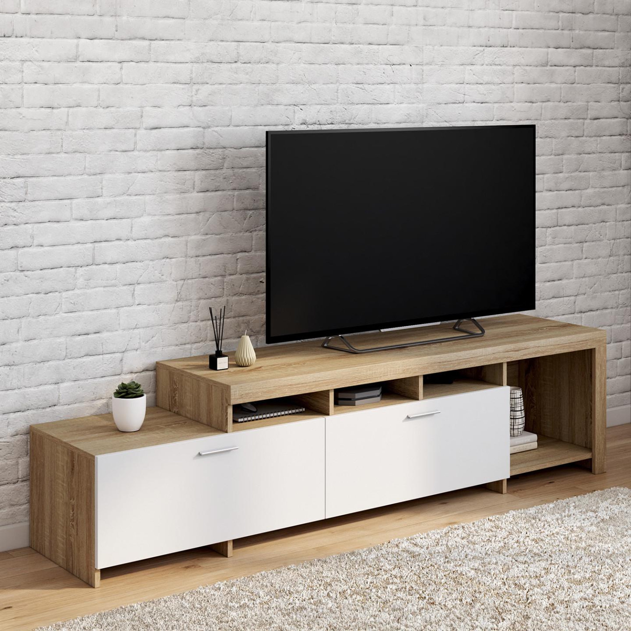 Voir la diapositive 2 : ID MARKET Meuble tv  180 cm malo  bois et placards blancs
