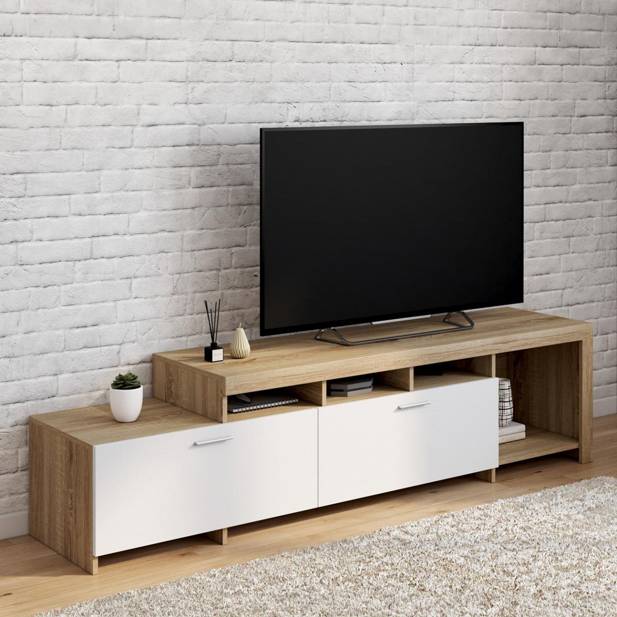 ID MARKET Meuble TV  180 cm MALO  bois et placards blancs