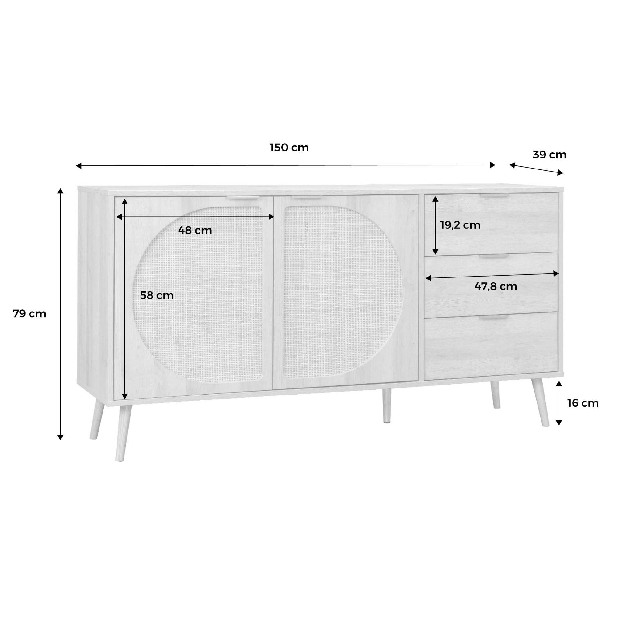 Voir la diapositive 4 : SWEEEK Buffet de rangement. Eva.  décor bois et cannage arrondi. 2 portes 3 tiroirs. buffet bas. L 150 x l 39 x H 79cm