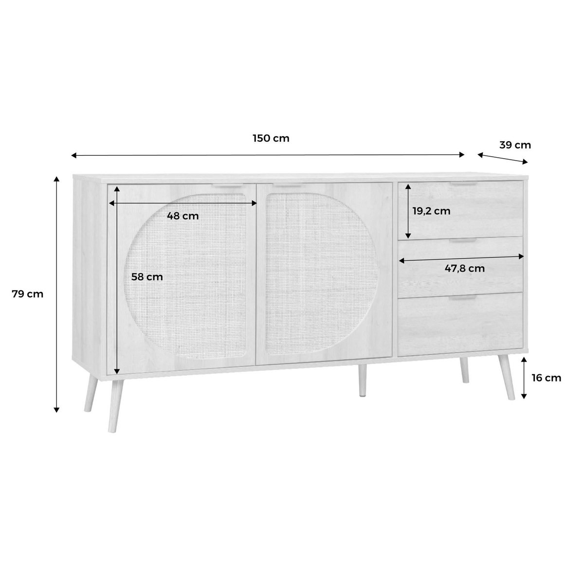 SWEEEK Buffet de rangement. Eva.  décor bois et cannage arrondi. 2 portes 3 tiroirs. buffet bas. L 150 x l 39 x H 79cm
