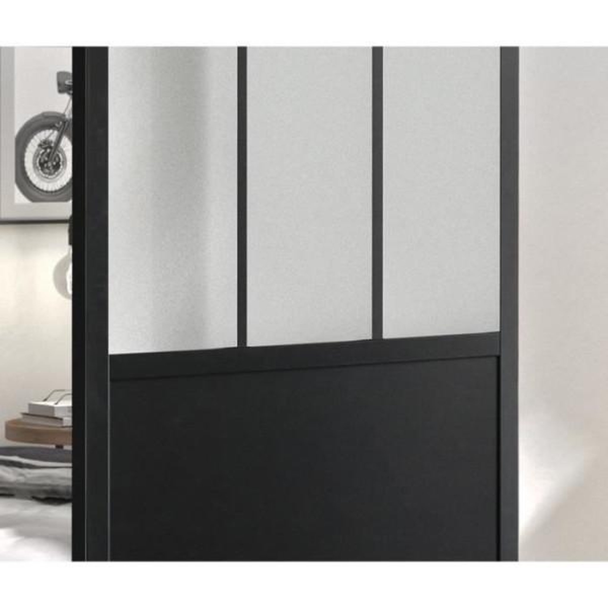 Voir la diapositive 2 : OPTIMUM Optimum kit porte coulissante atelier noir + rail apparent - 204 x 83 cm - verre dépoli