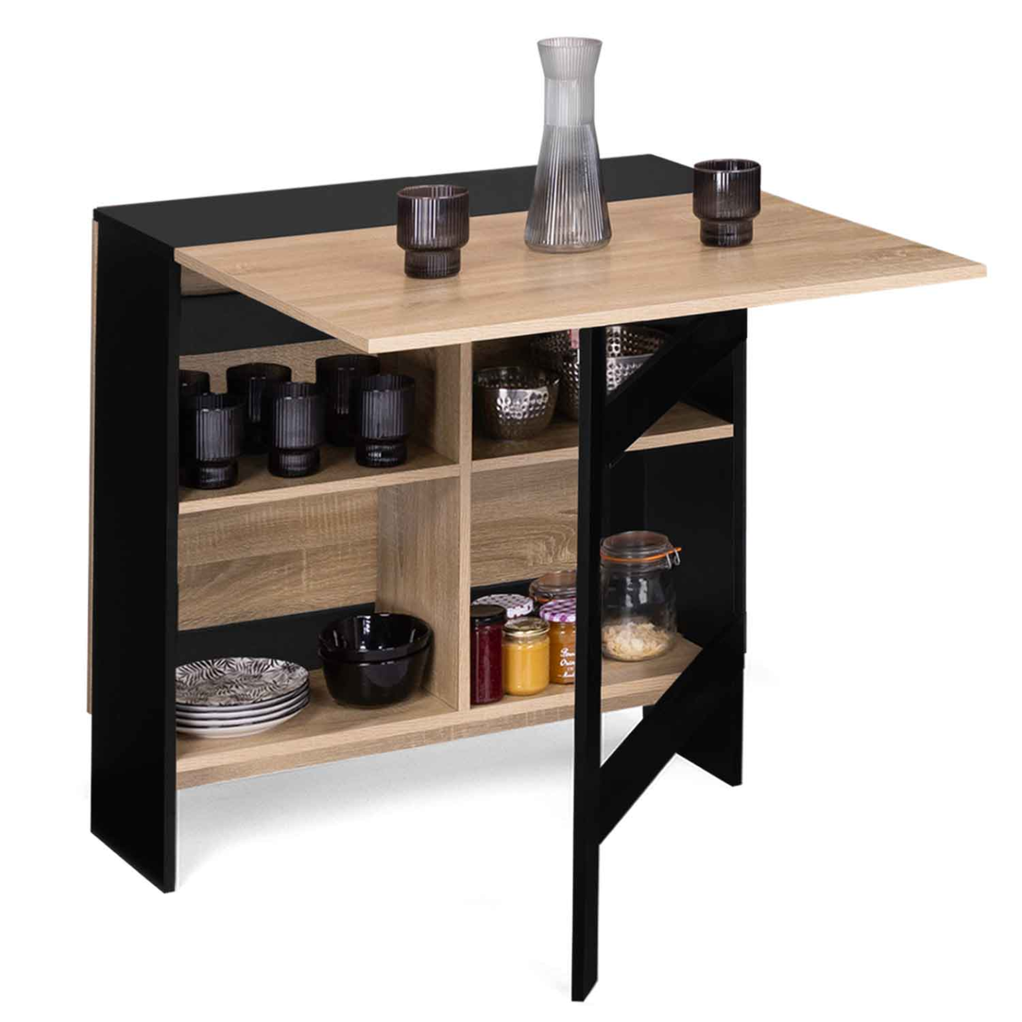 ID MARKET Table console pliable edi 2-6 personnes avec rangements bois noir plateau façon hêtre 150 x 80 cm