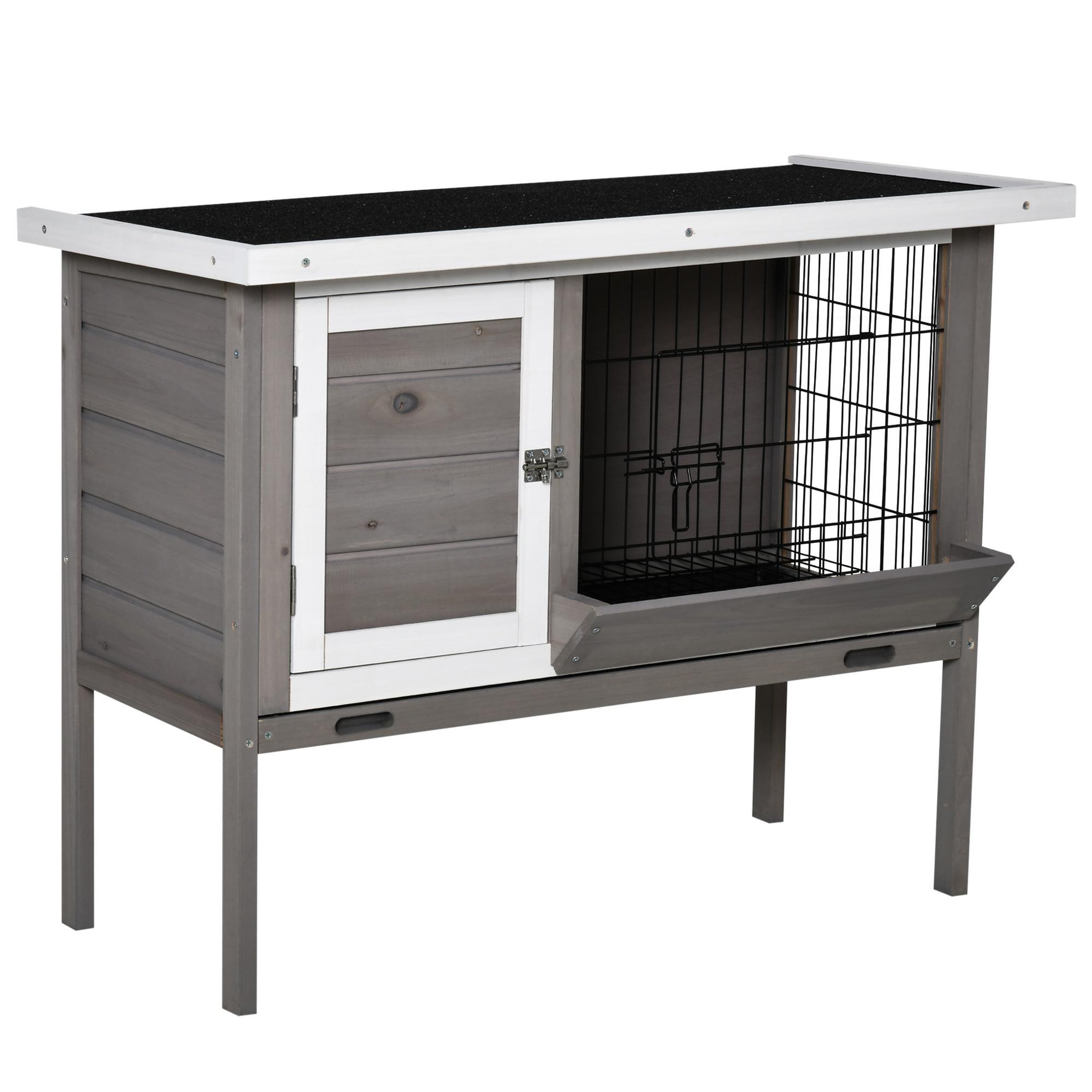 PAWHUT Clapier sur pied - 2 portes, toit bitumé ouvrant, plateau coulissant - acier bois gris blanc noir