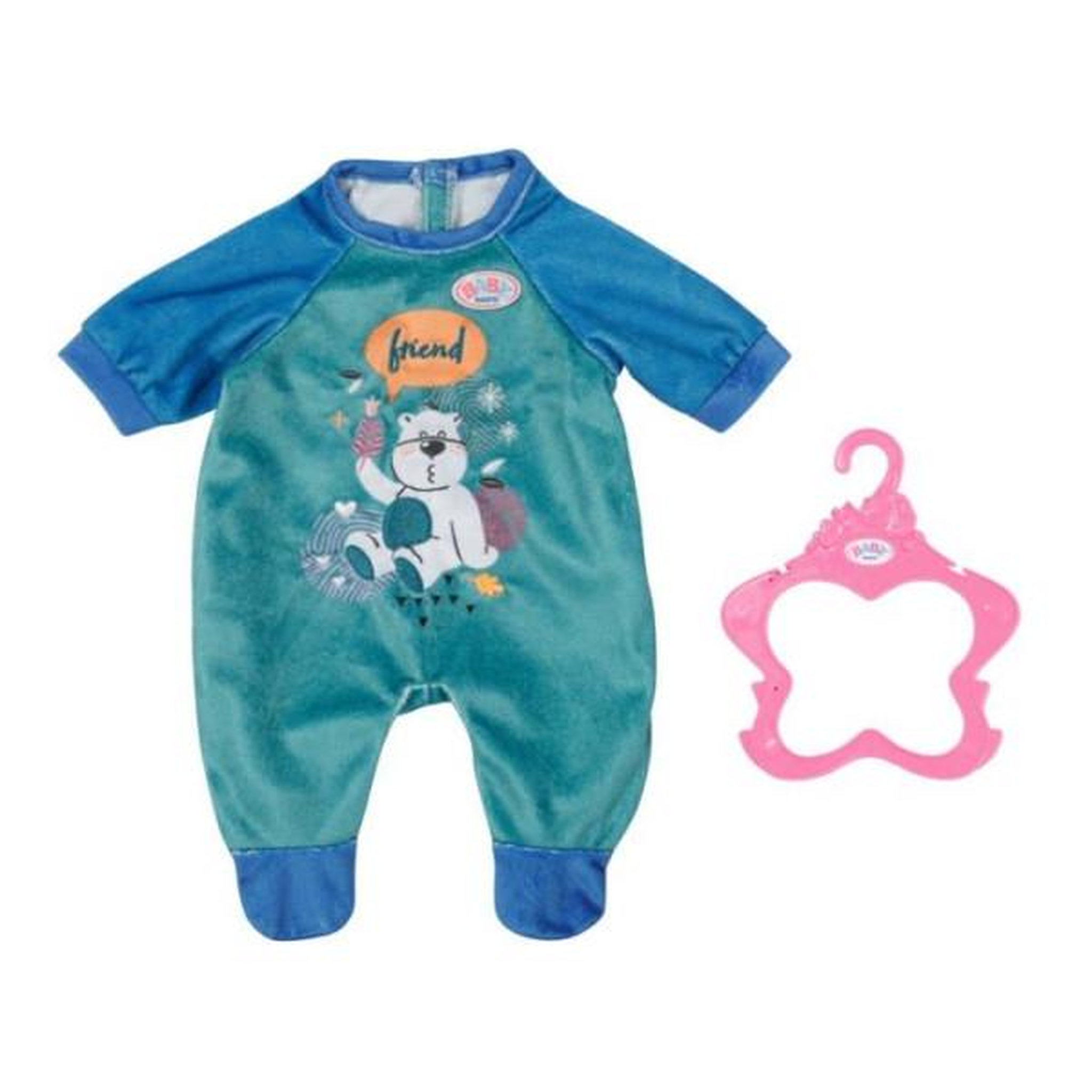 Zapf Creation Combinaison - baby born - bleue - motif ours - avec cintre - pour poupon 43cm