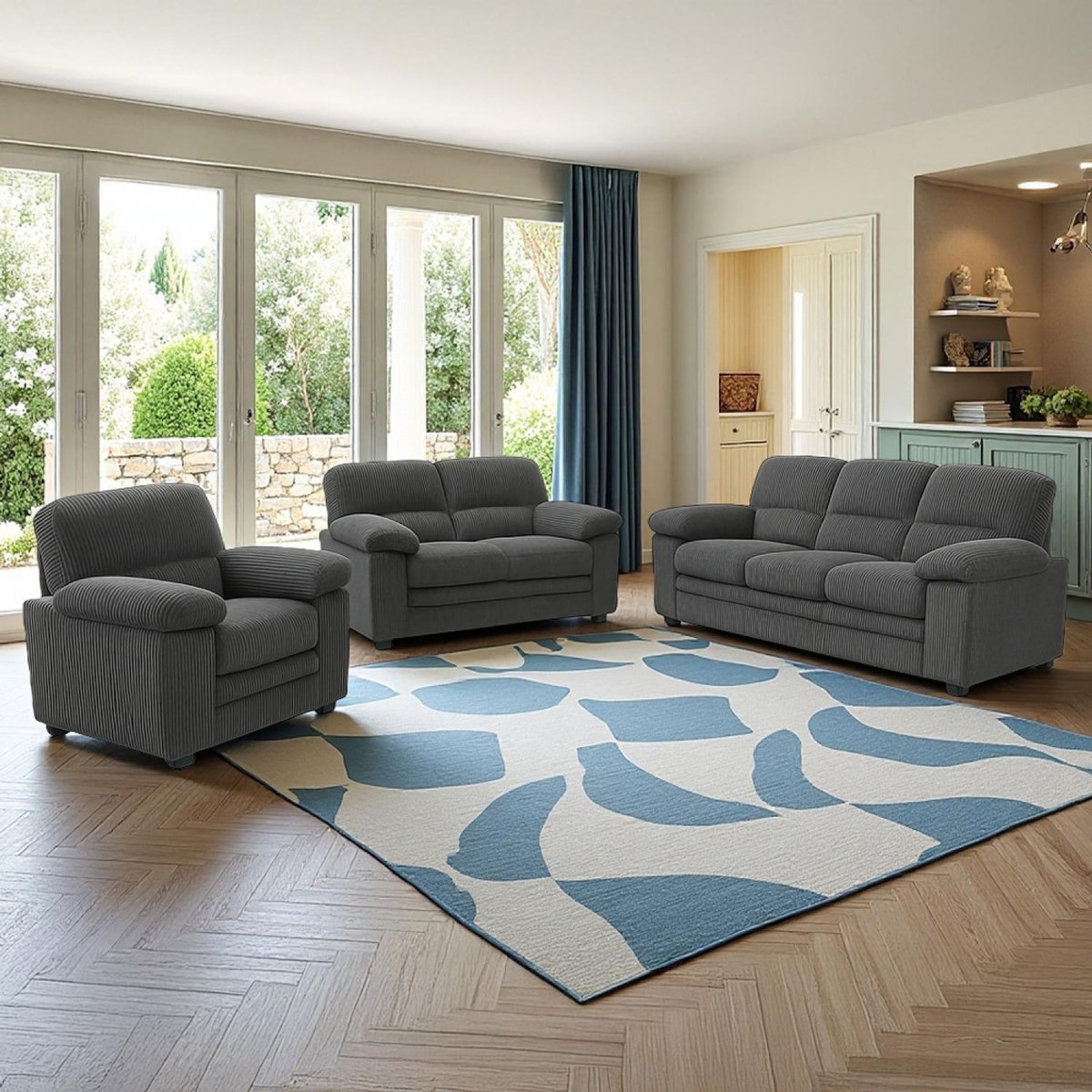 CONCEPT USINE Ensemble canapé 3 places + 2 places + fauteuil en velours côtelé gris foncé LINCOLN