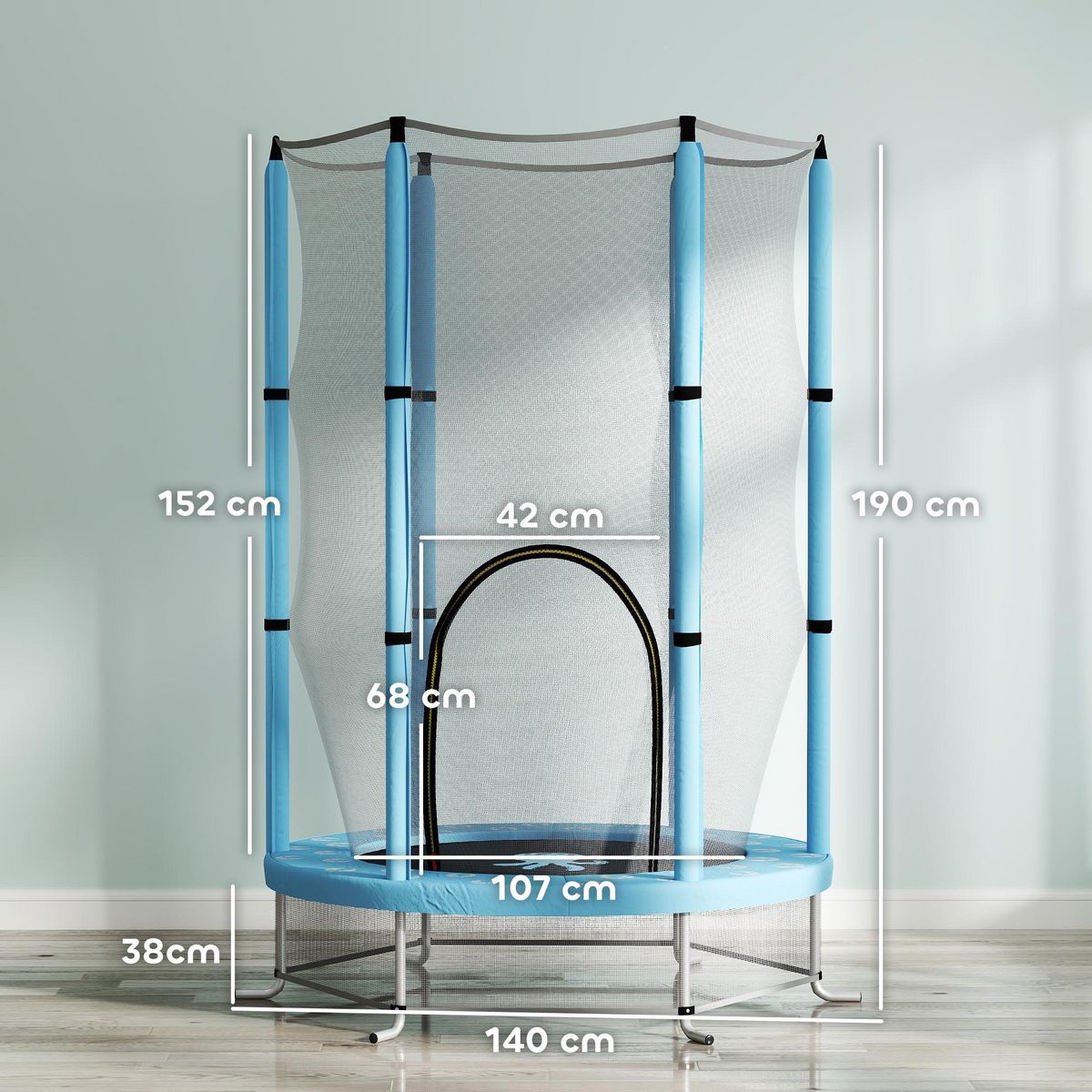 HOMCOM Trampoline enfant Ø140 cm - filet sécurité, porte zippée, 6 poteaux rembourrés - bleu ciel