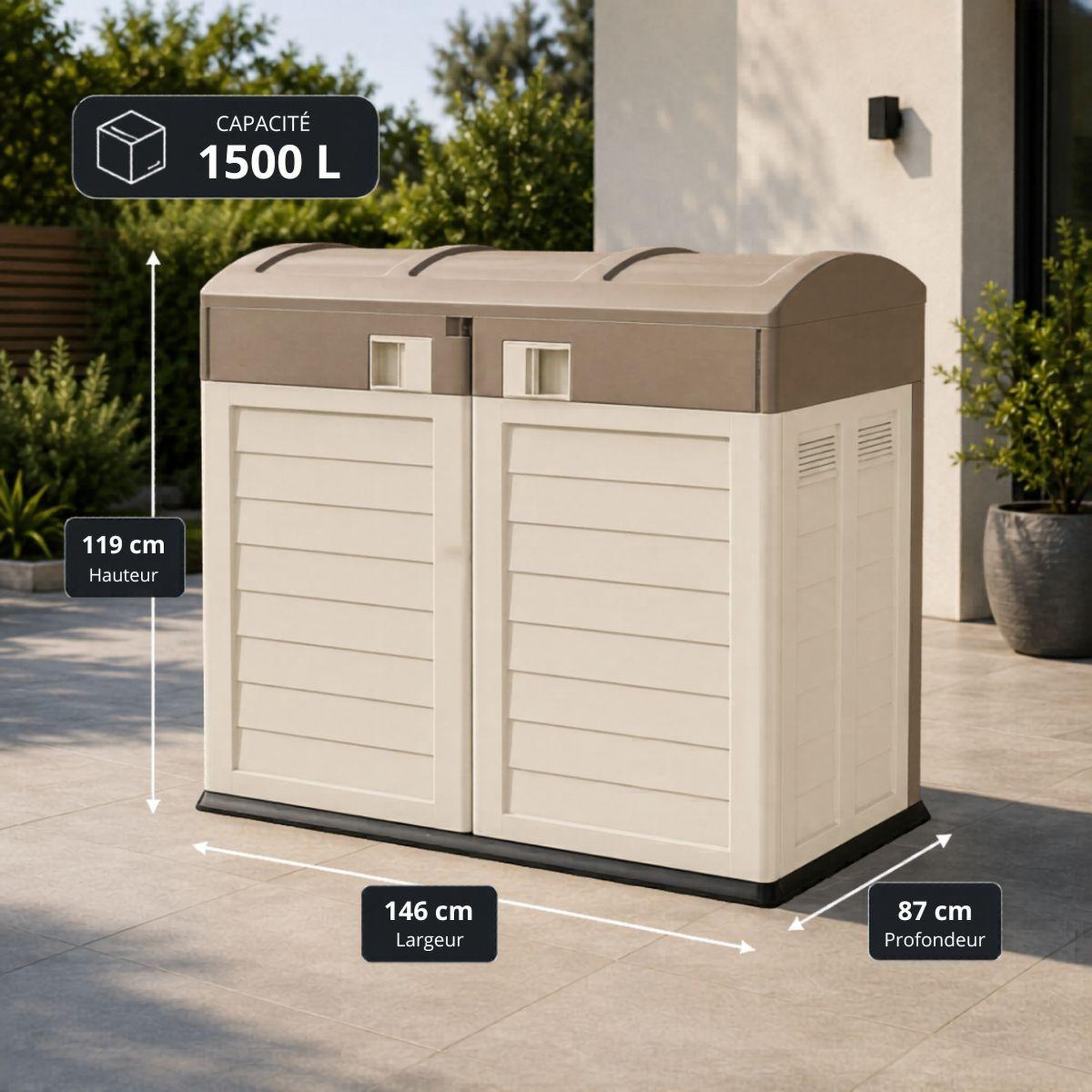 Voir la diapositive 4 : INTEC Coffre Rangement Poubelle 1500L - Cache Poubelle de Tri Polypropylène Ecru Taupe - Coffre de jardin Verrouillable par Cadenas