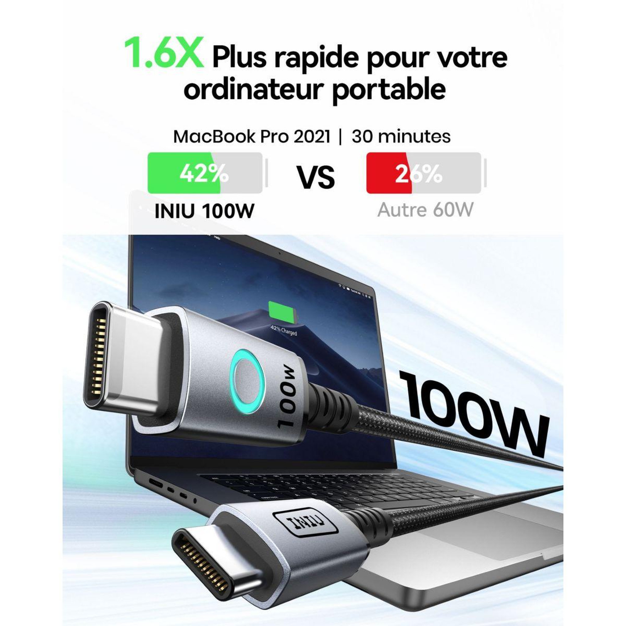 Voir la diapositive 4 : INIU Câble usb c 100w usb-c/usb-c 2m leopard noir