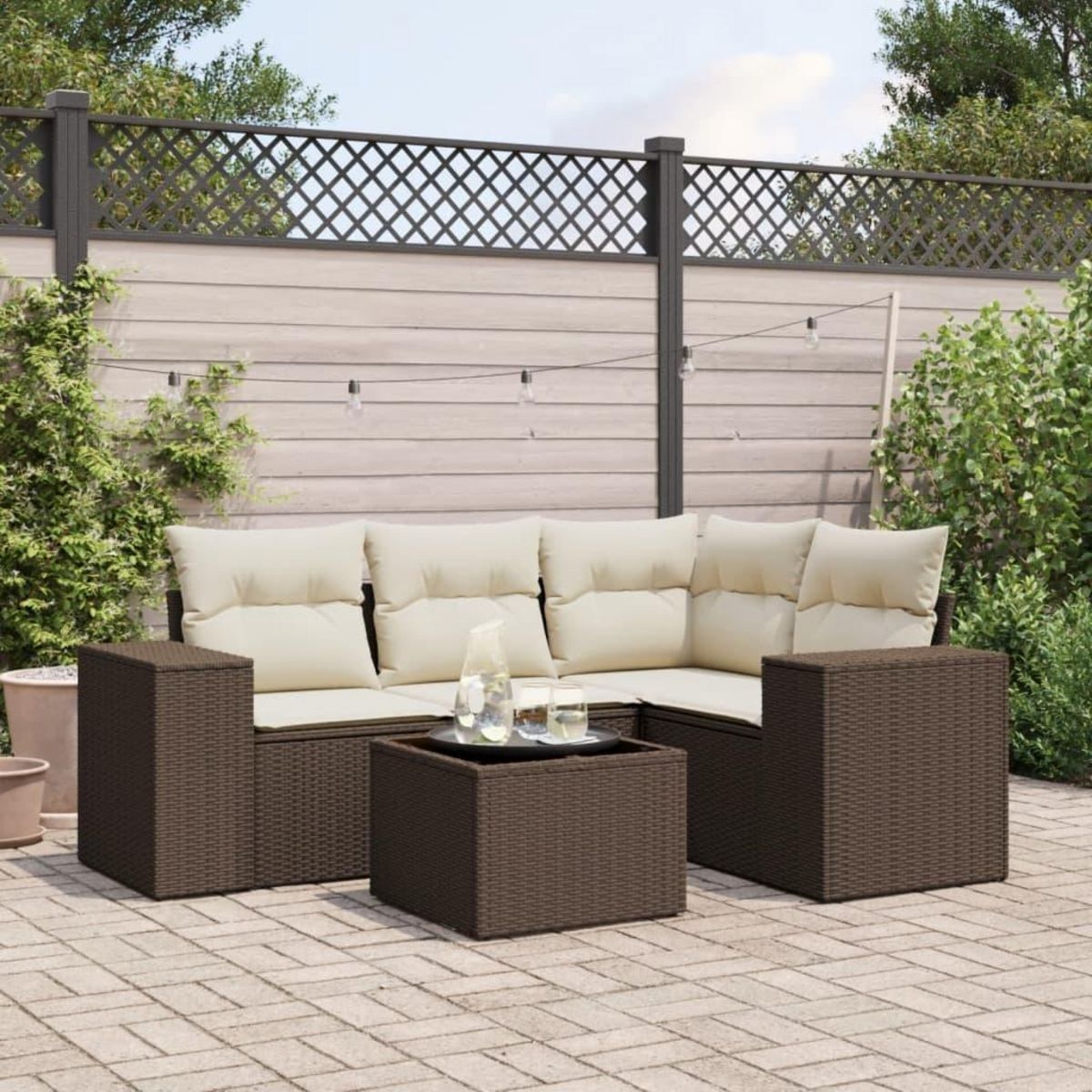 VIDAXL Salon de jardin avec coussins 5 pcs marron resine tressee