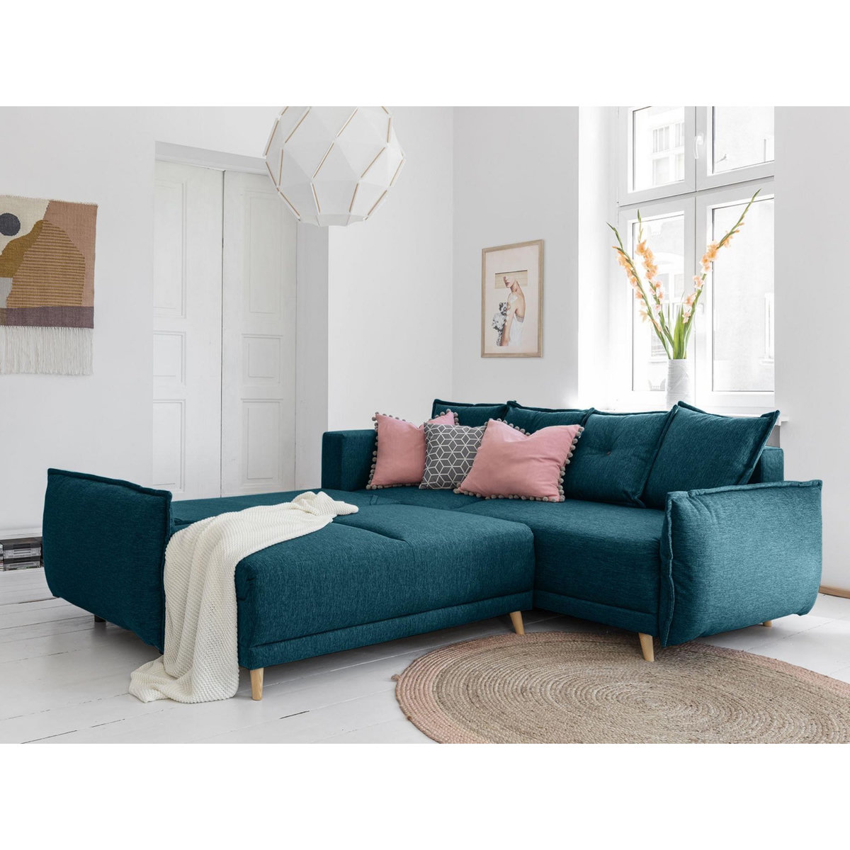BEST MOBILIER Lena - canapé d'angle convertible - avec coffre - style scandinave - 5 places - droit