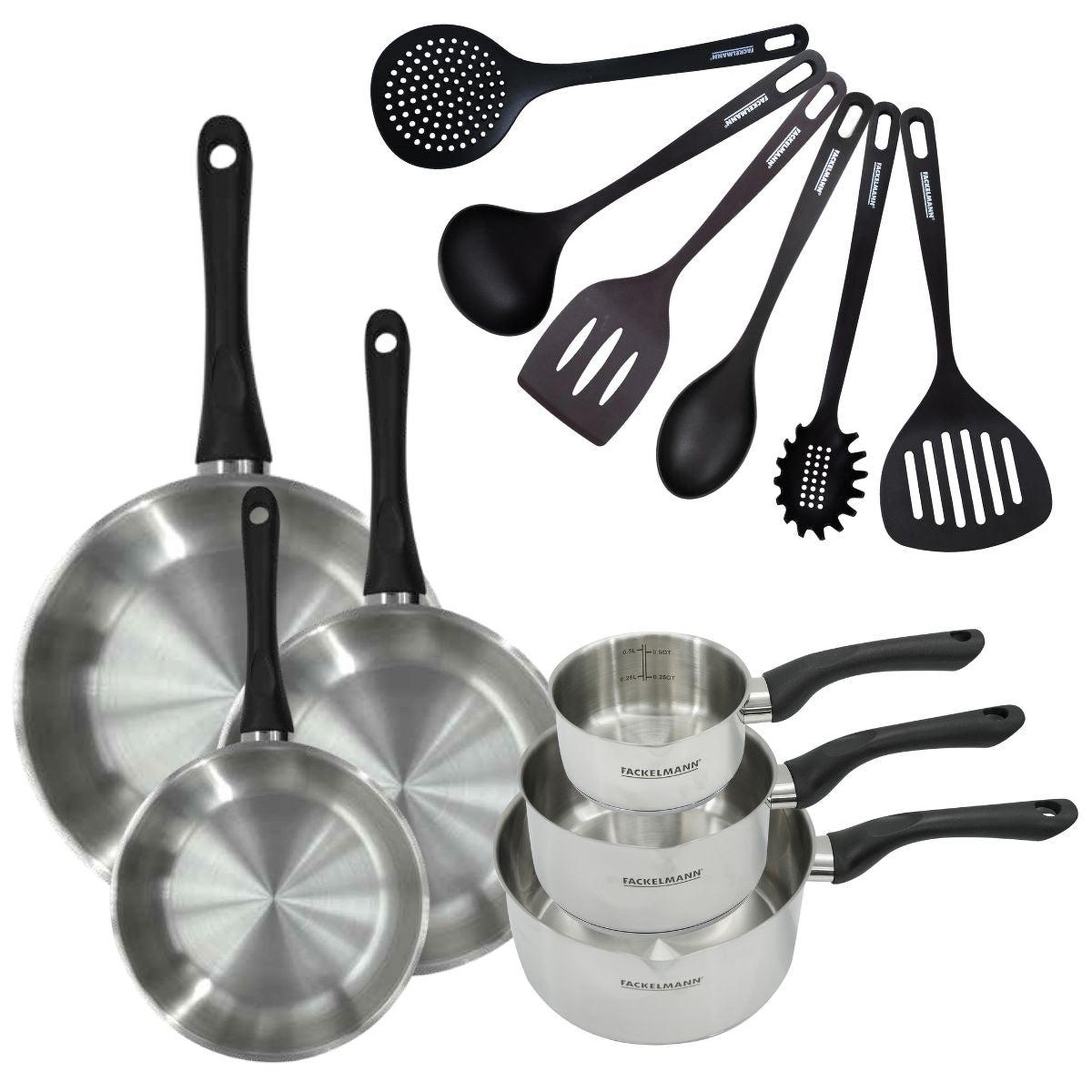 Fackelmann Set 3 poêles 20 24 et 28 cm 3 casseroles 12 16 et 20 cm en inox et 6 ustensiles fackelmann geneva