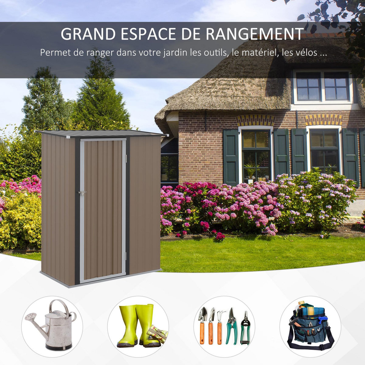 OUTSUNNY Abri de jardin - remise pour outils - cabanon porte verrouillable - dim. 142L x 84l x 189H cm - tôle d'acier marron blanc