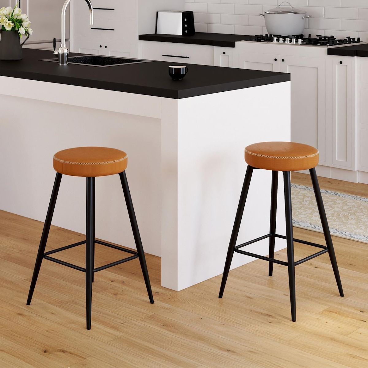 ID MARKET Lot de 2 tabourets de bar ISAURE avec assise effet cuir marron et pieds en métal noir