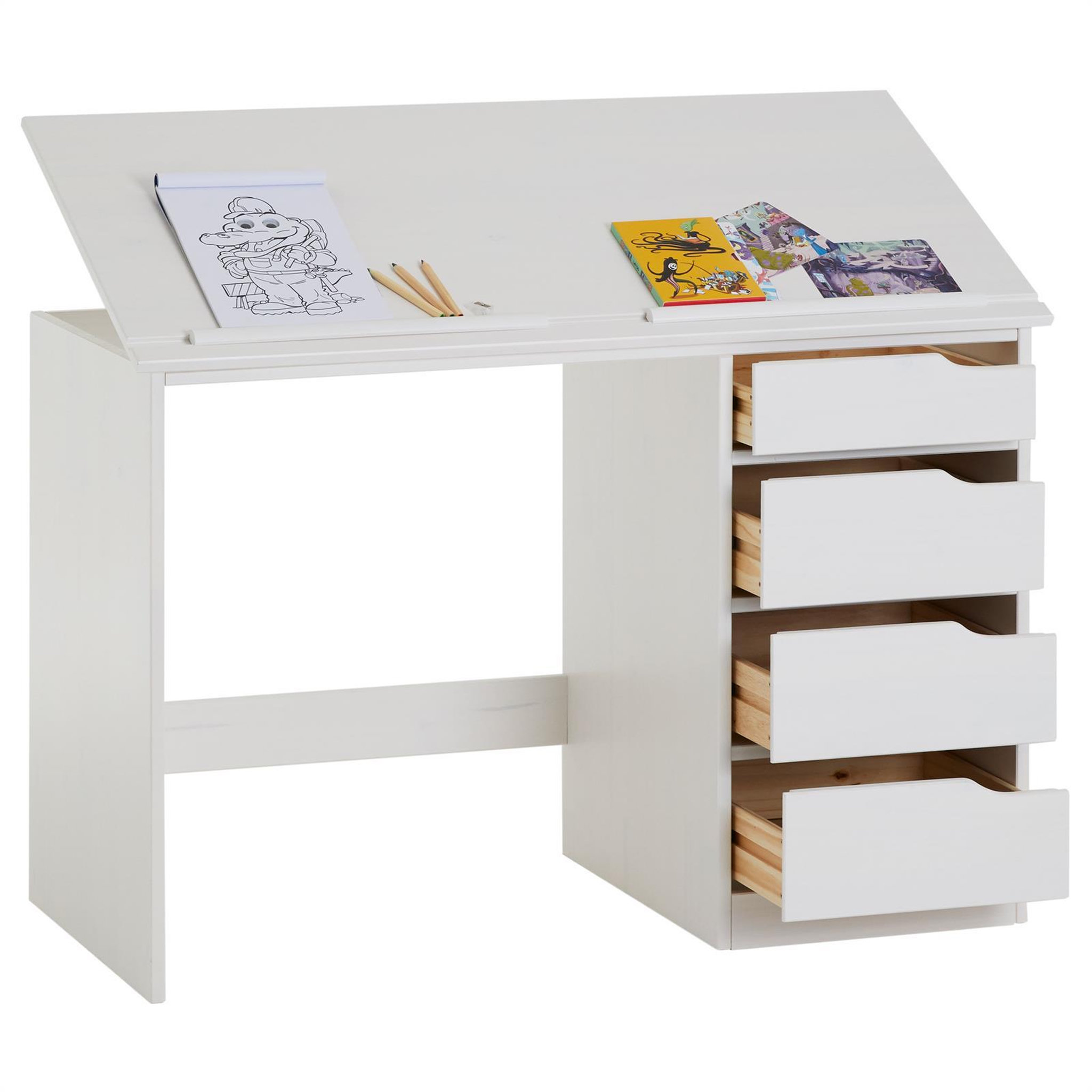 Voir la diapositive 3 : IDIMEX Bureau enfant EMMA, en pin massif, 4 tiroirs et plateau inclinable