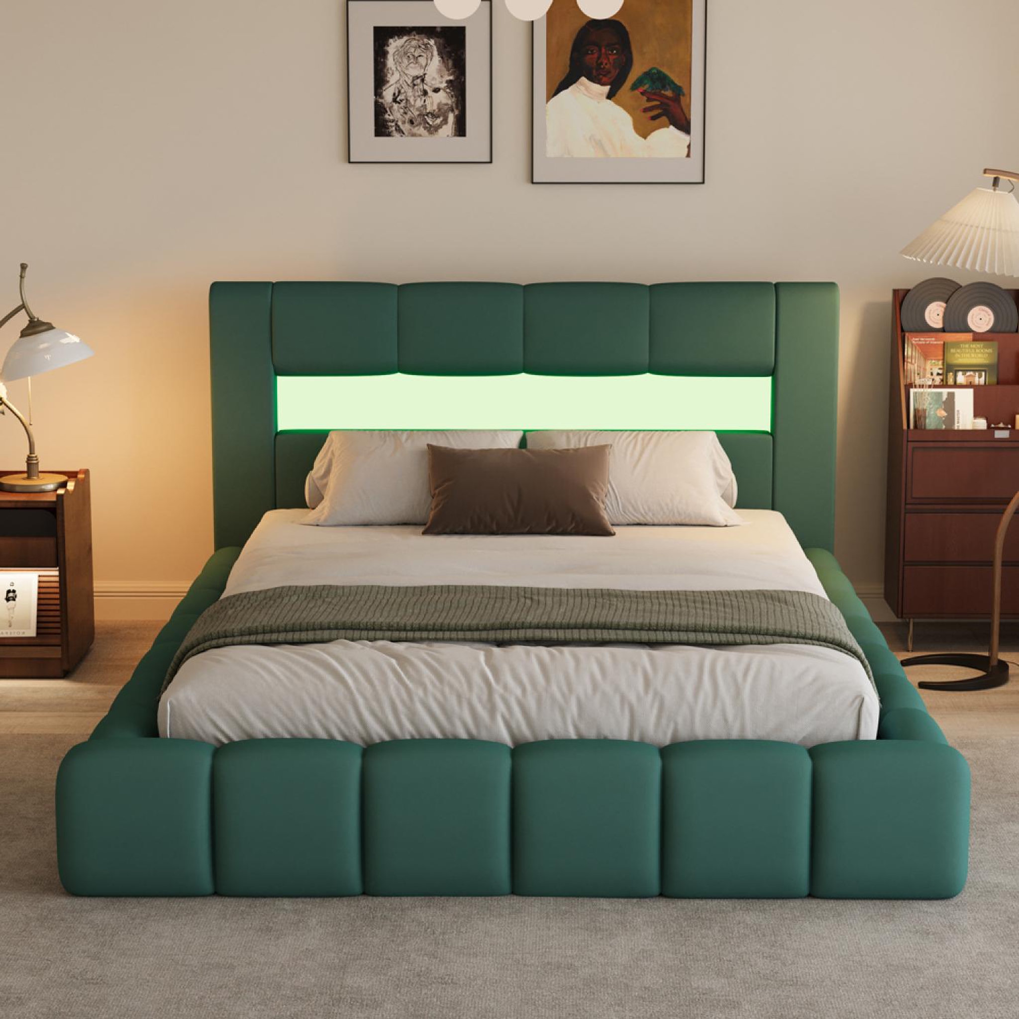 Voir la diapositive 3 : CONCEPT USINE Lit coffre style nuage led 140x190cm velours vert omaha
