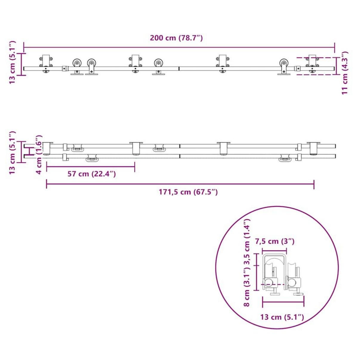 VIDAXL Kit fixation porte coulissante 200 cm Acier inoxydable Argente